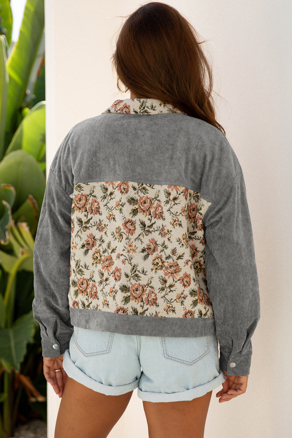Medium Grey Ribbed Retro Floral Patchwork Shirt Style Jacket 🇺🇸