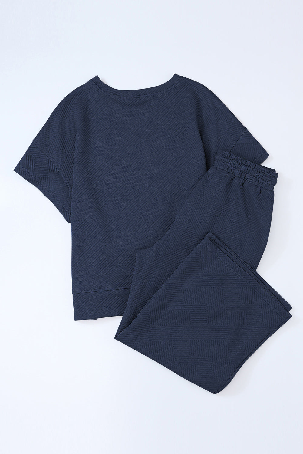 Navy Blue Textured Loose Fit T Shirt and Drawstring Pants Set 🇨🇳
