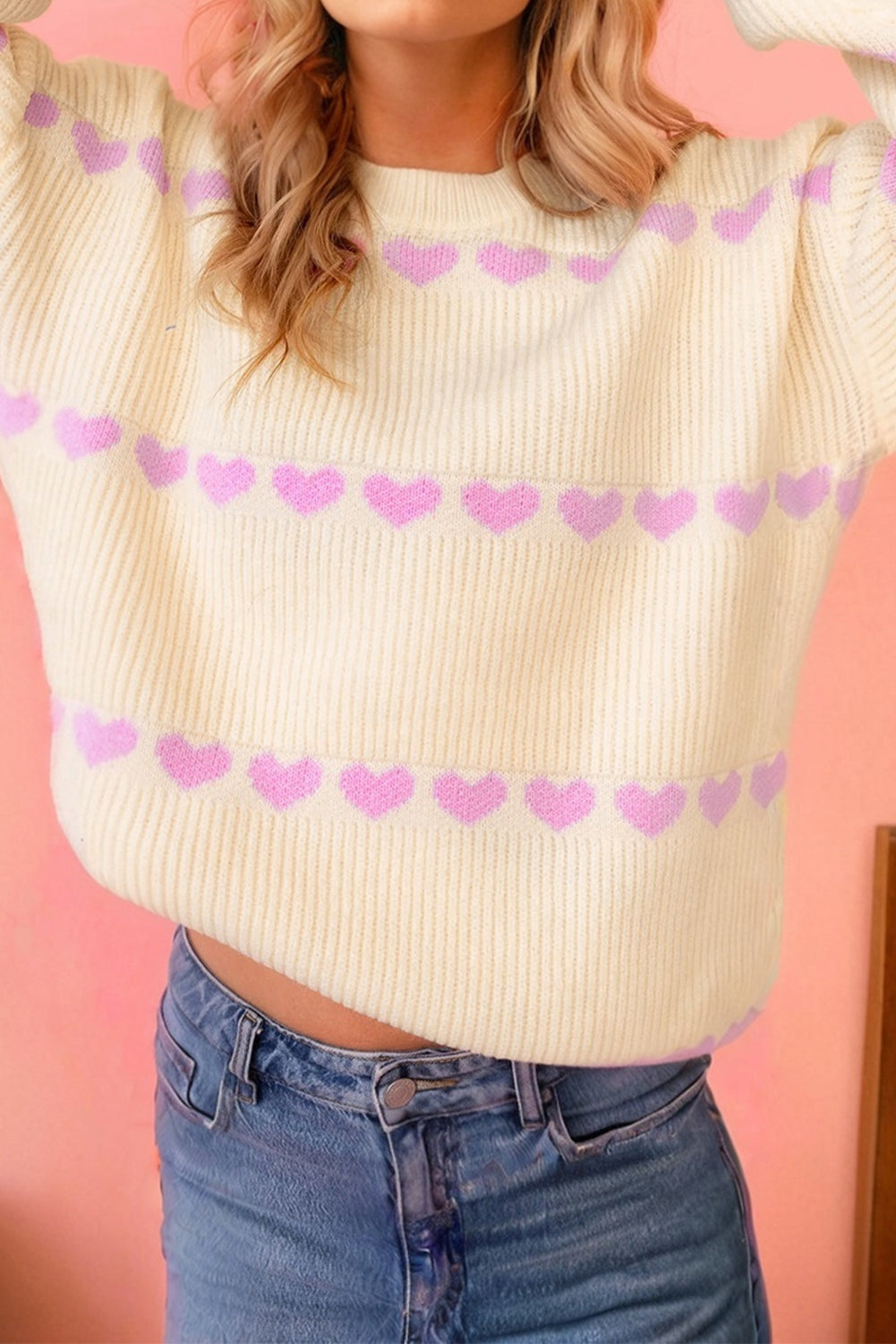 Pink Heart Pattern Valentine Ribbed Knit Sweater 🇺🇸