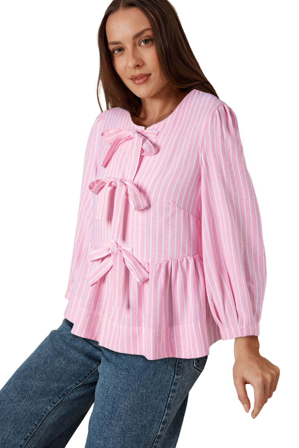 Pink Stripe Bowknot Front Crew Neck Puff Sleeve Blouse 🇺🇸