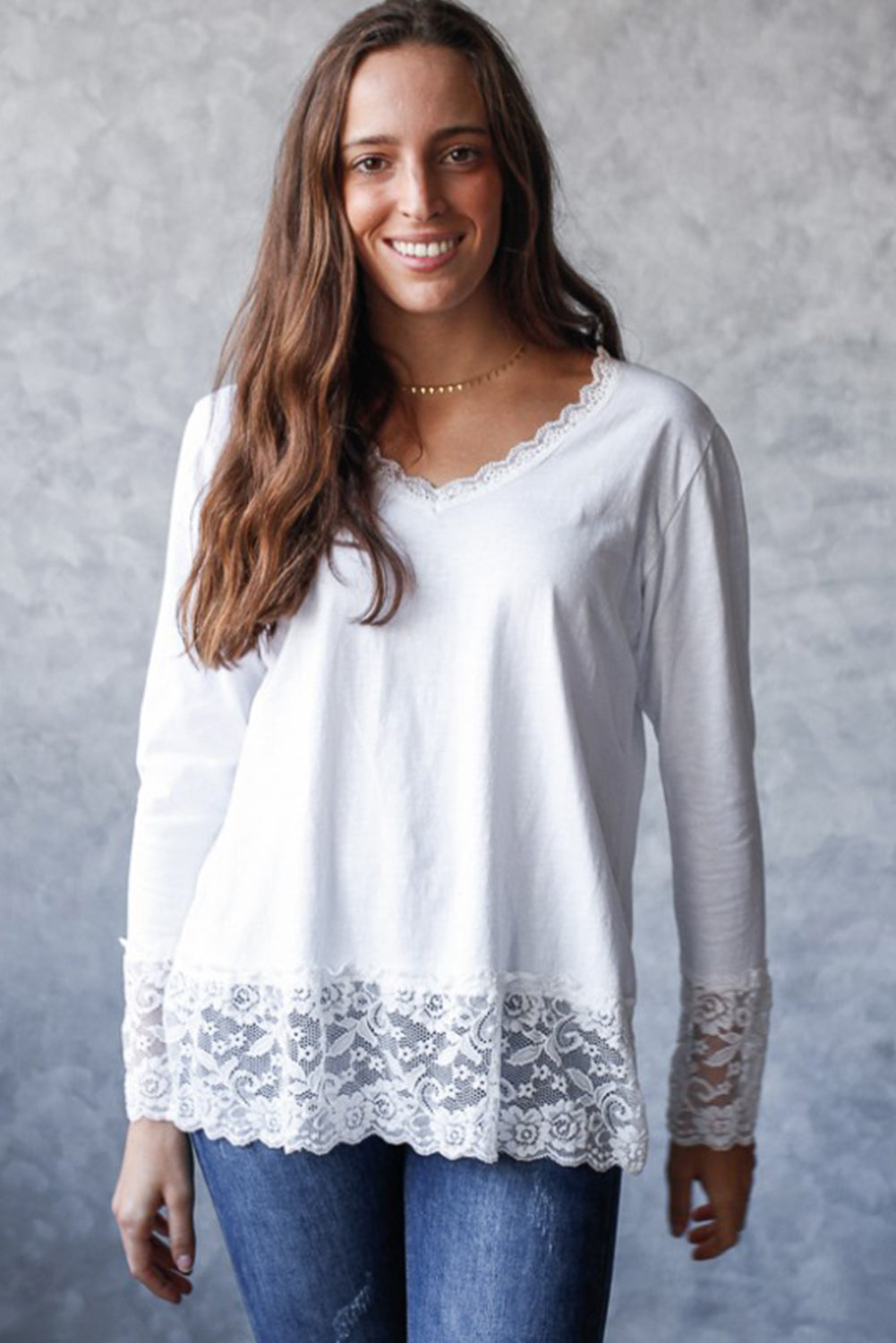 White Lace Trim V Neck Cuffed Long Sleeve Loose Top 🇺🇸