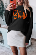 Black Boo Knitted Pattern Ribbed Edge Drop Shoulder Sweater 🇺🇸