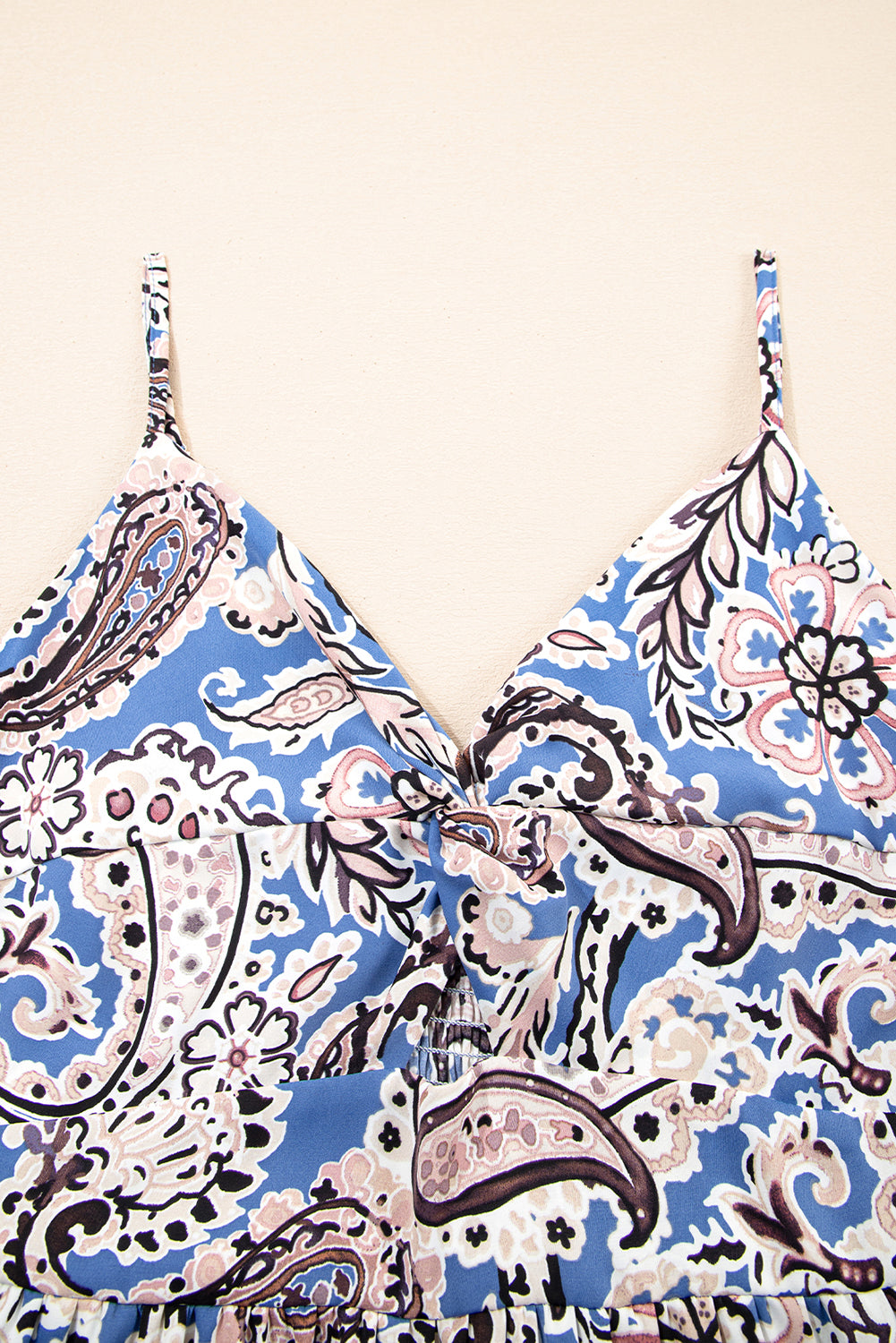 Blue Paisley Print Twist Detail Smocked Back Spaghetti Straps Long Dress 🇨🇳