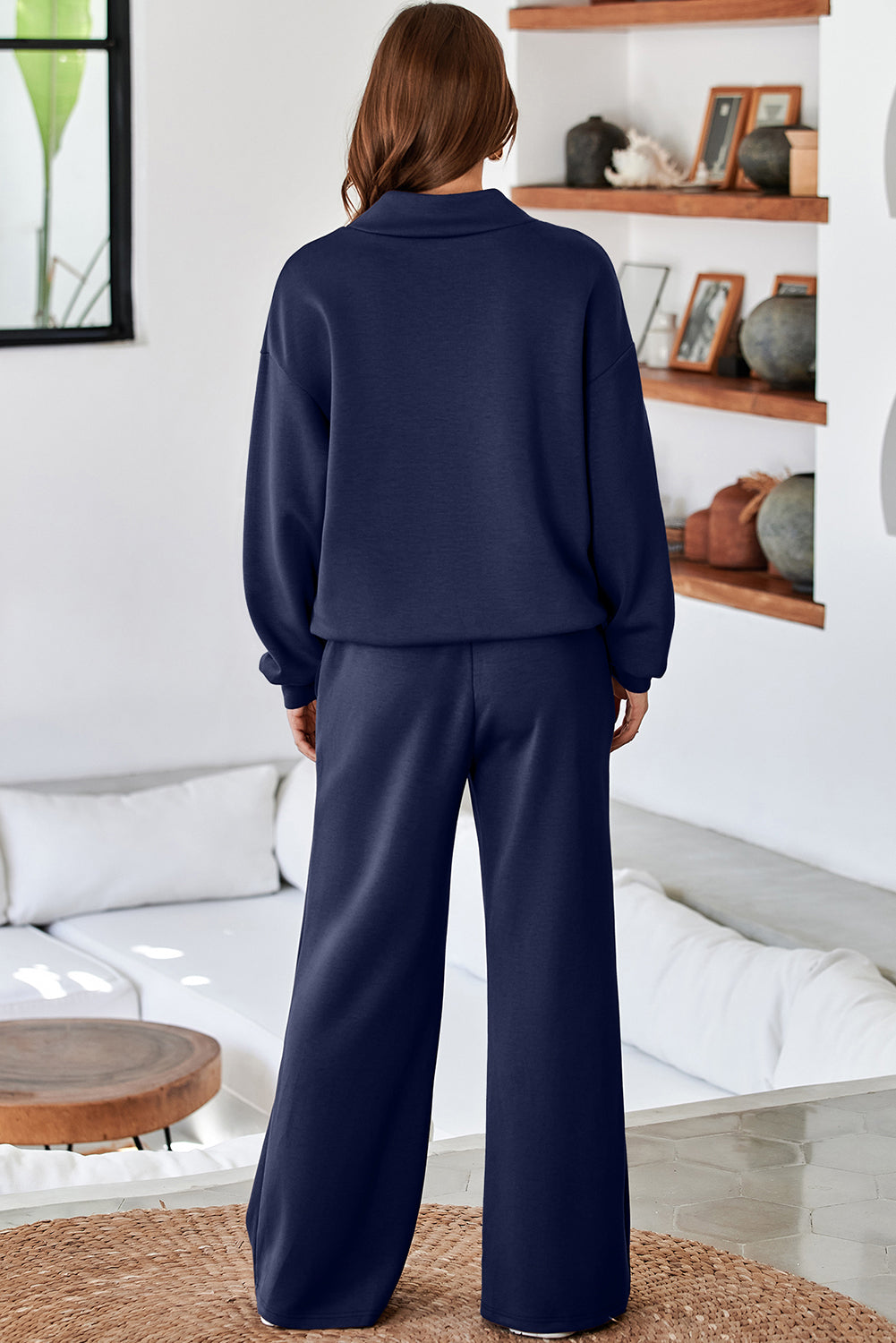 Dusk Blue Solid Color Cowl Neck Drawstring Pullover Wide Leg Athleisure Pants Set 🇺🇸