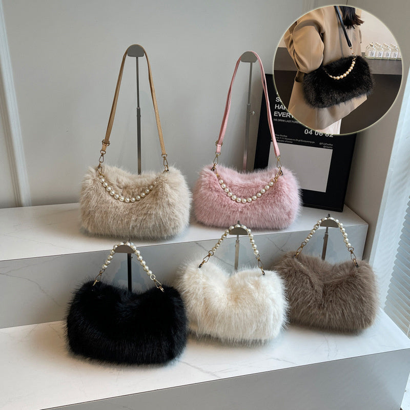 Autumn And Winter Fashion Shoulder Bags Pearl Chain Crossbody Bag Versatile Commuting Armpit Plush Female Bag 🇨🇳