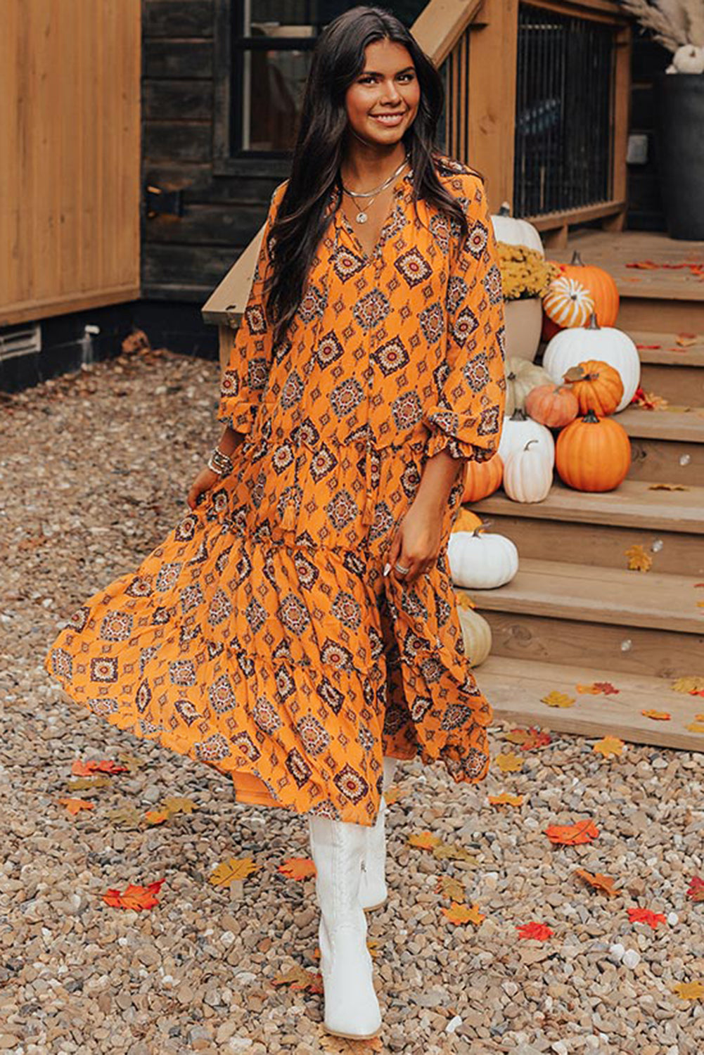 Orange Western Geometric Print Tiered Frilled Loose Fit Midi Dress 🇺🇲