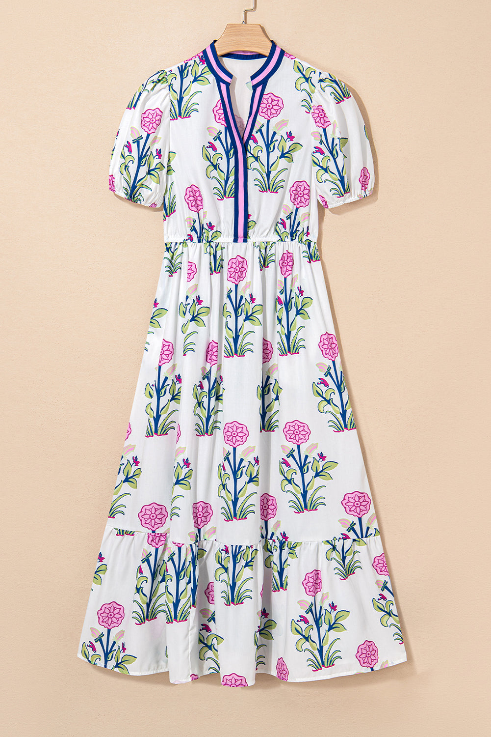 White Floral Puff Short Sleeve V Neck High Waist Maxi Dress 🇨🇳