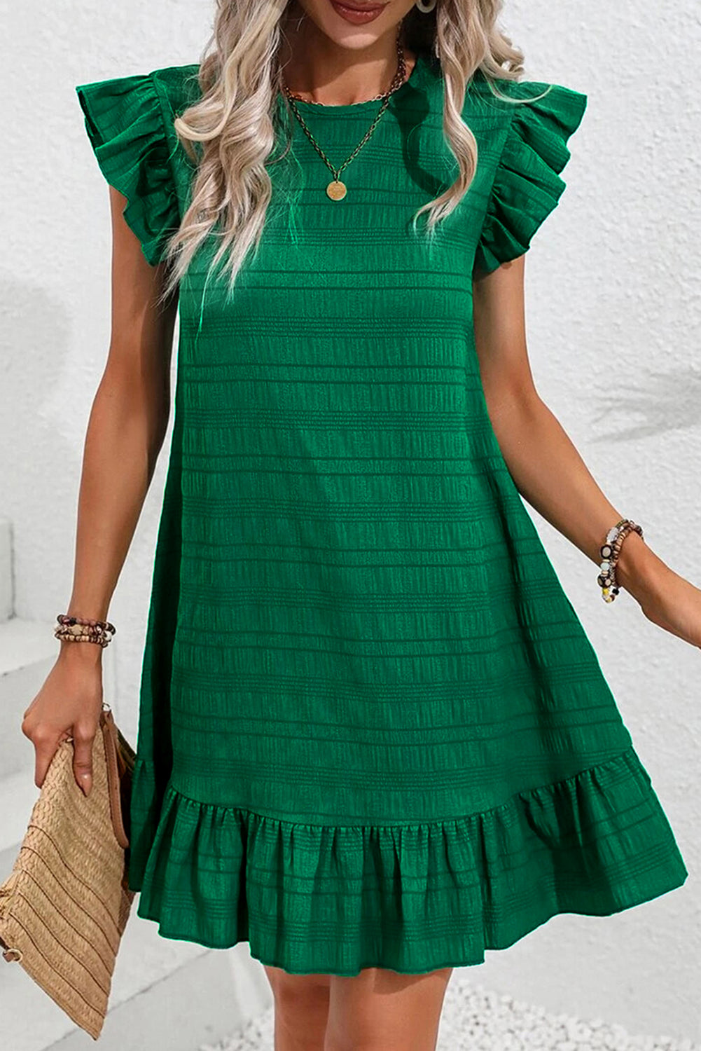 Dark Green Textured Flutter Sleeve Ruffled Mini Dress 🇨🇳