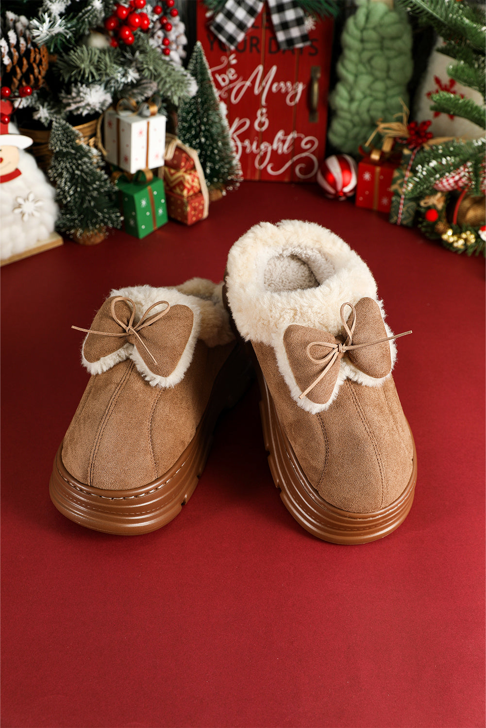 Straw Yellow Cozy Faux Fur Lined Bow Decor Clog Slippers 🇺🇸
