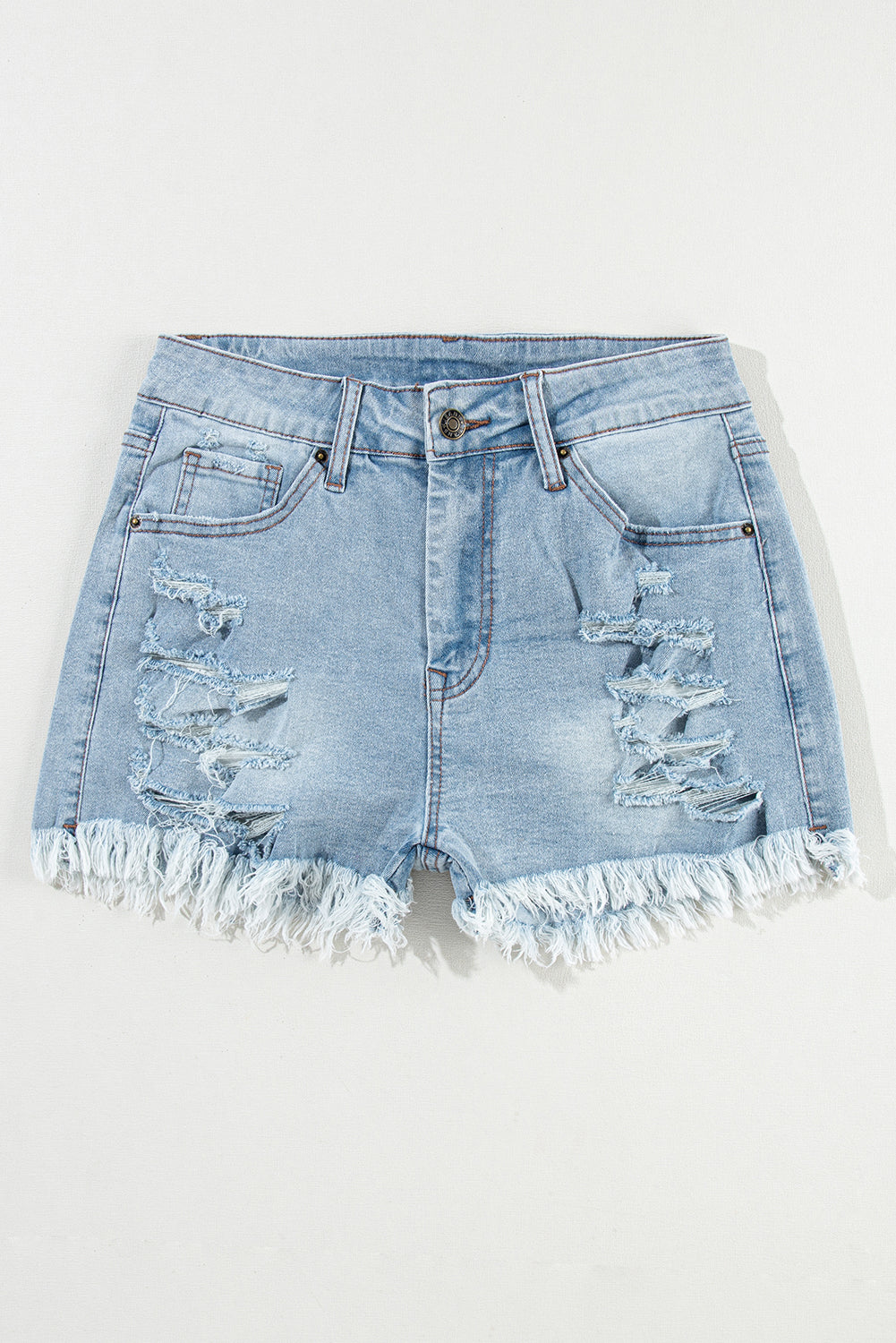 Light Blue Distressed Ripped Raw Hem High Waist Denim Shorts 🇨🇳