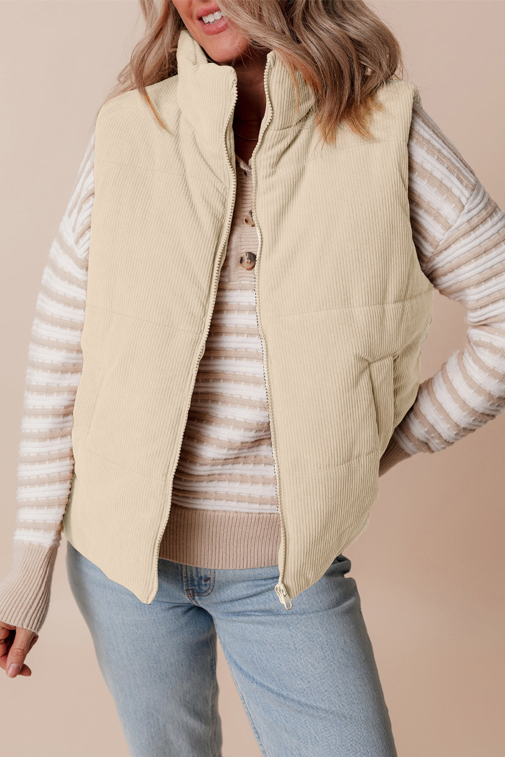 Beige Corduroy Stand Neck Zipped Puffer Vest 🇺🇸