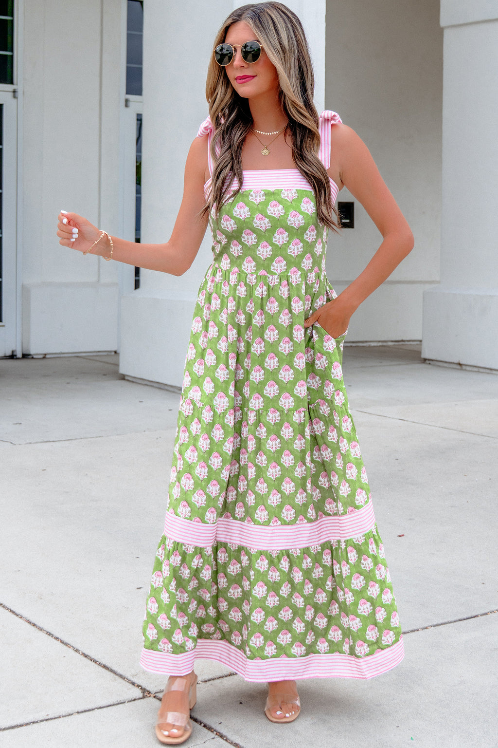 Green Floral Print Striped Detail Knot Straps Maxi Dress 🇺🇸