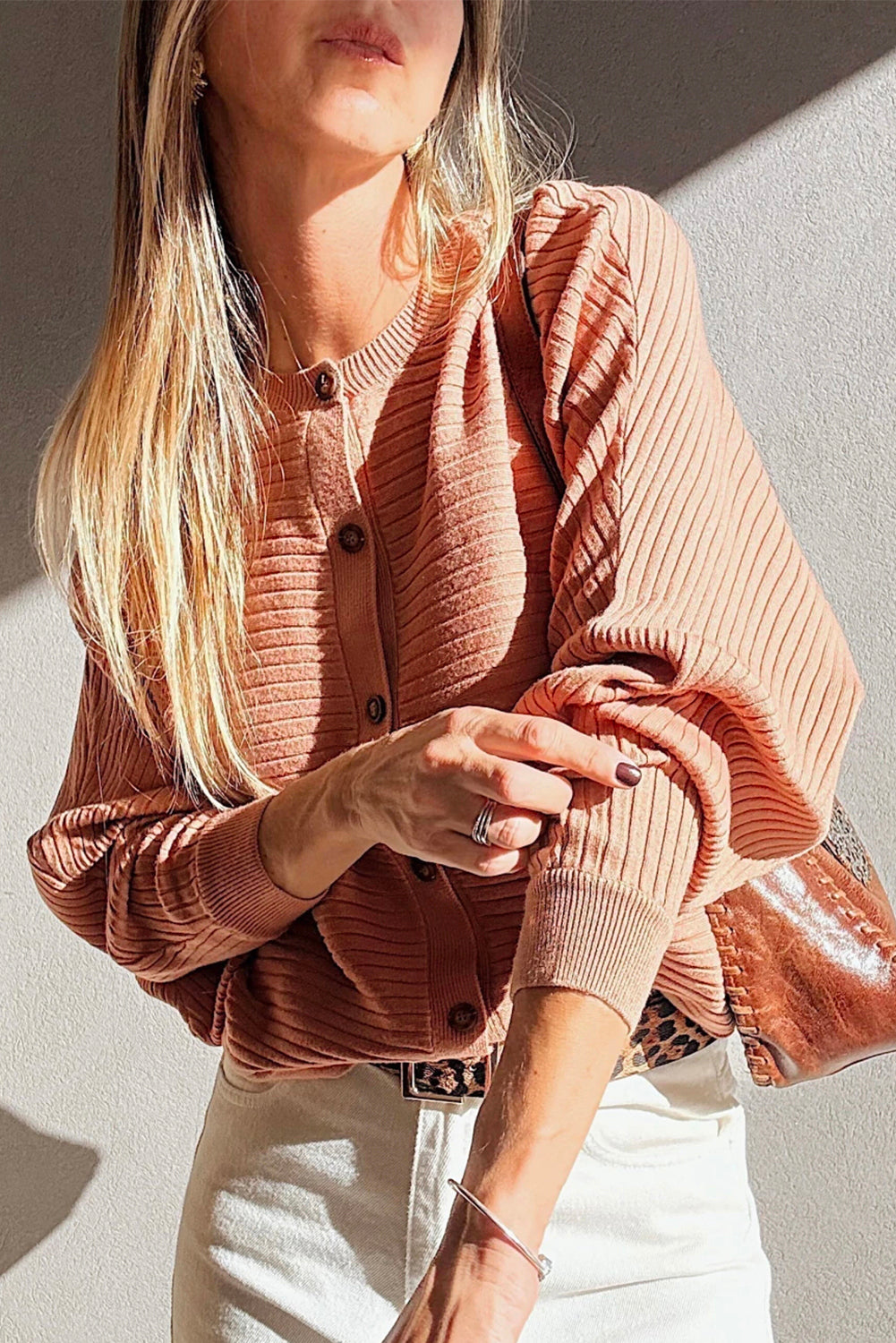 Apricot Pink Wide Rib Knit Button Front Dolman Sleeve Sweater Cardigan 🇺🇲