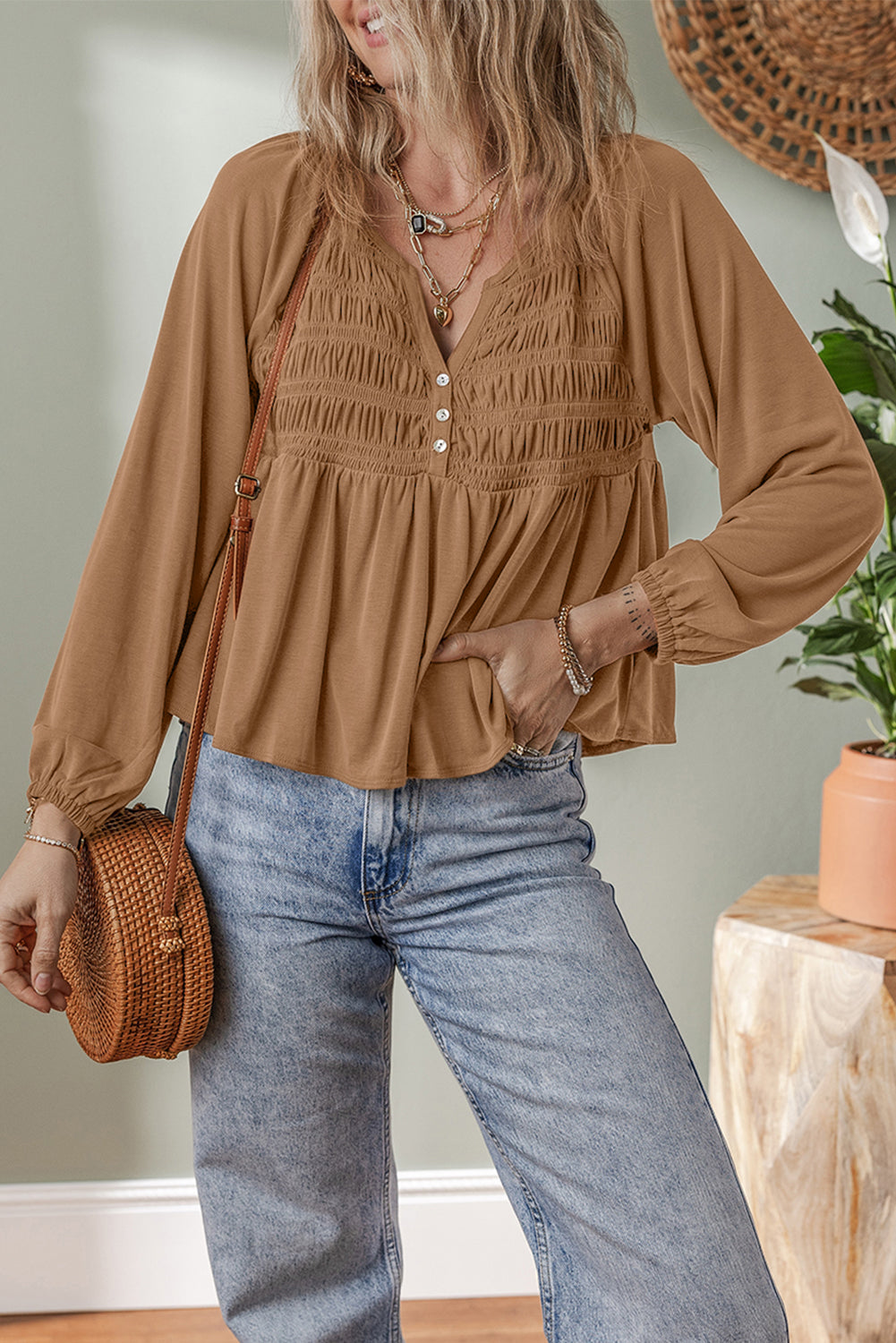 Cinnamon Smocked Bust Buttoned Split V Neck Flow Fit Blouse 🇺🇸