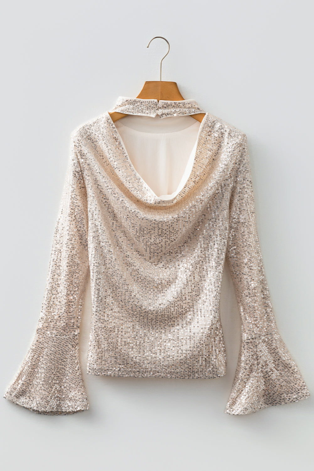 Jet Stream Sequin Mock Neck Drape Open Back Bell Sleeve Top 🇺🇸