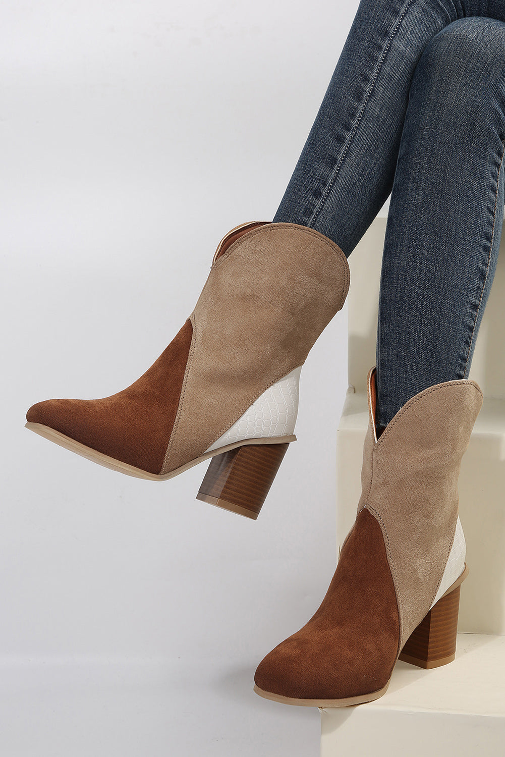 Chestnut Colorblock Suede Heeled Ankle Booties 🇺🇸