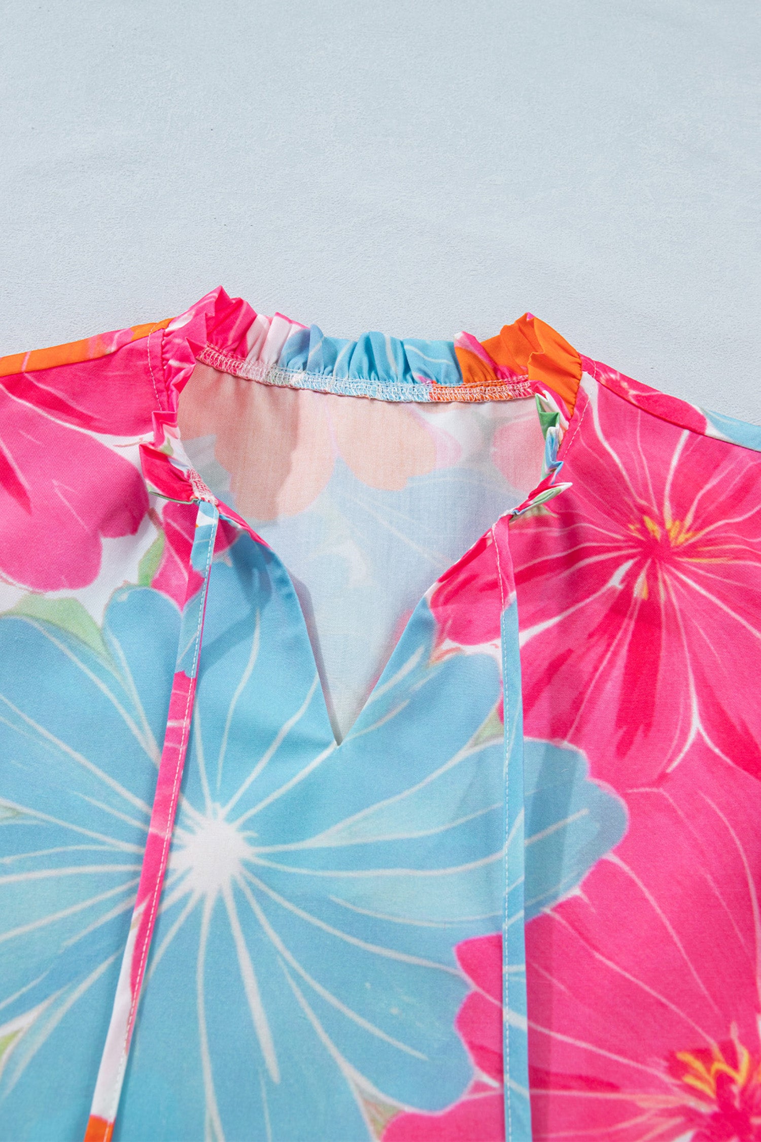 Multicolour Vibrant Flower Printed Tie V Neck Ruffle Trim Sleeveless Blouse 🇺🇸