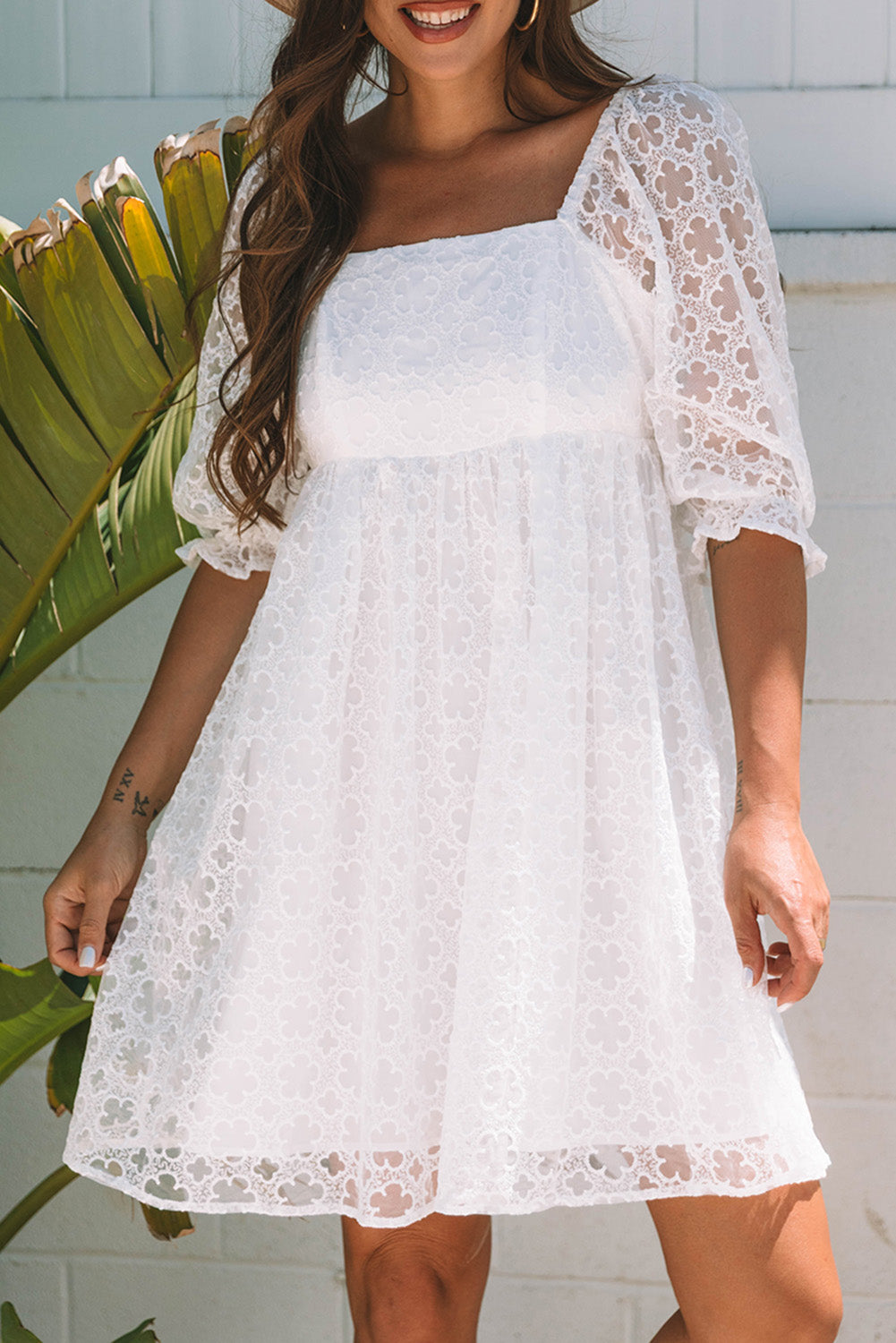 White Floral Lace Puff Sleeve Empire Waist Mini Dress 🇨🇳