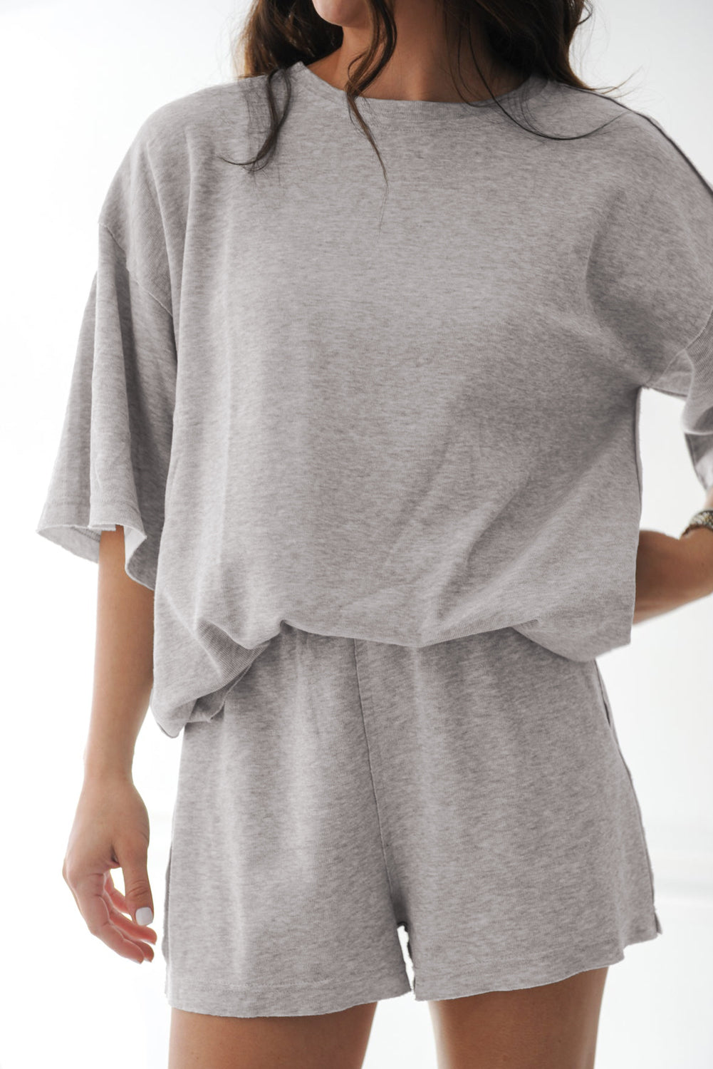 Gray Solid Color Loose Tee 2 Piece Shorts Set 🇨🇳