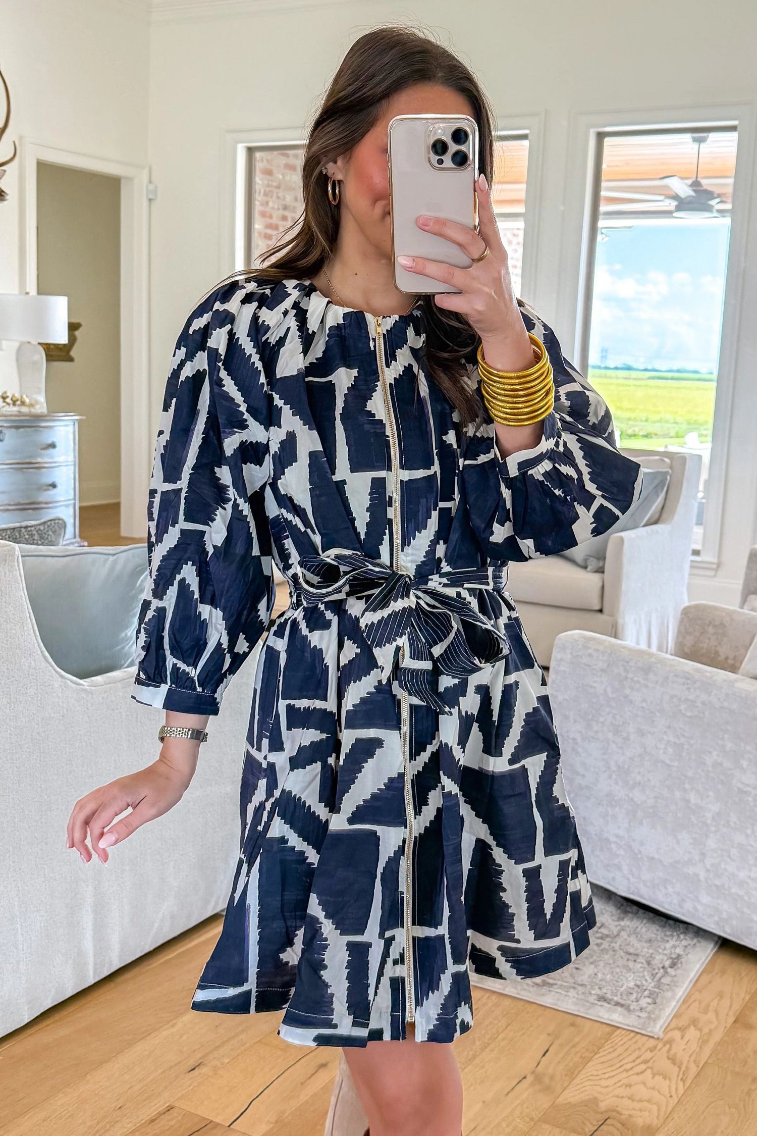 Blue Abstract Geometric Print Zip Front Tie Waist Shift Dress 🇺🇸