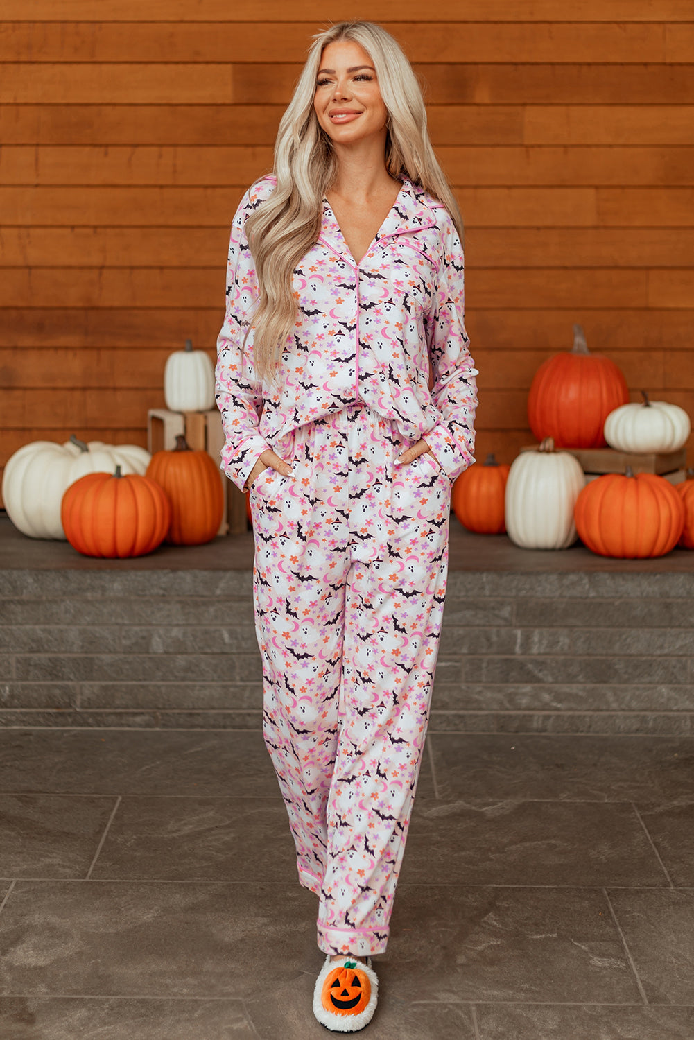 Pink Halloween Eve Haunted Honey Bat Print Pajama Set 🇺🇸