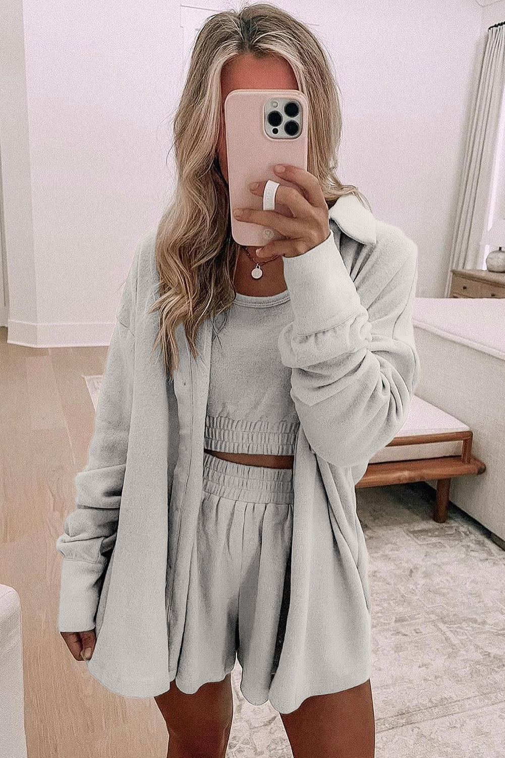 Gray 3 Pcs Crop Tank Top Shorts with Cardigan Lounge Set 🇨🇳
