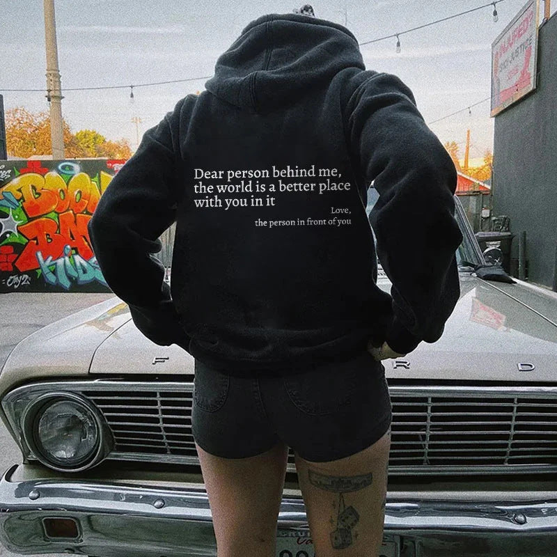 Dear Person Behind Me,the World Is A Better Place,with You In It,love,the Person In Front Of You,Women's Plush Letter Printed Kangaroo Pocket Drawstring Printed Hoodie Unisex Trendy Hoodies 🇨🇳