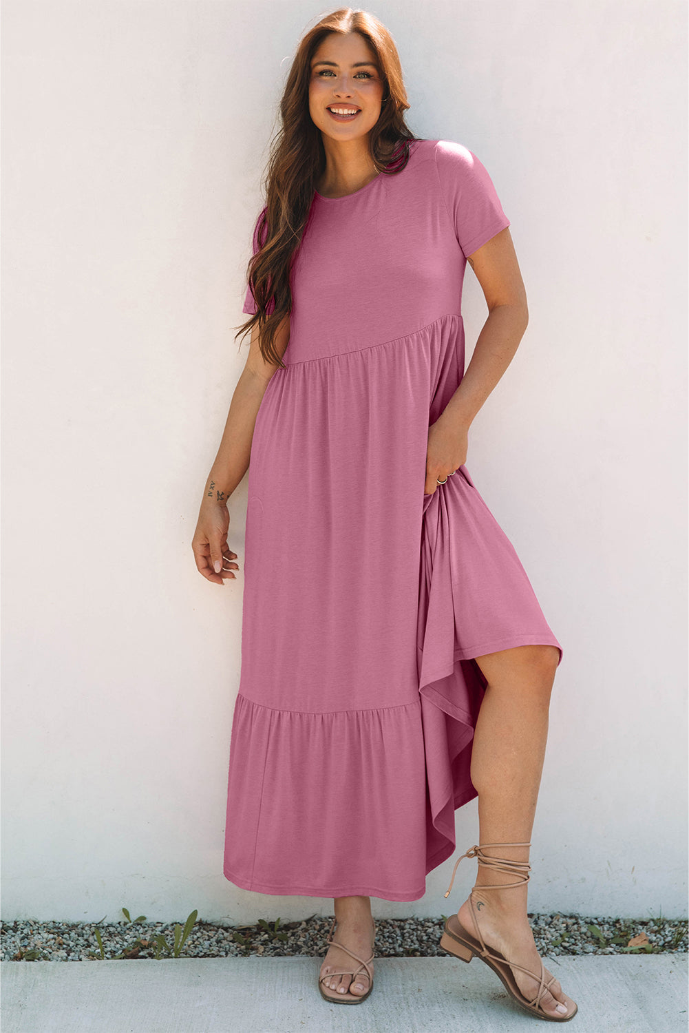 Pink Solid Color T-shirt High Waist Pocketed Long Dress 🇨🇳