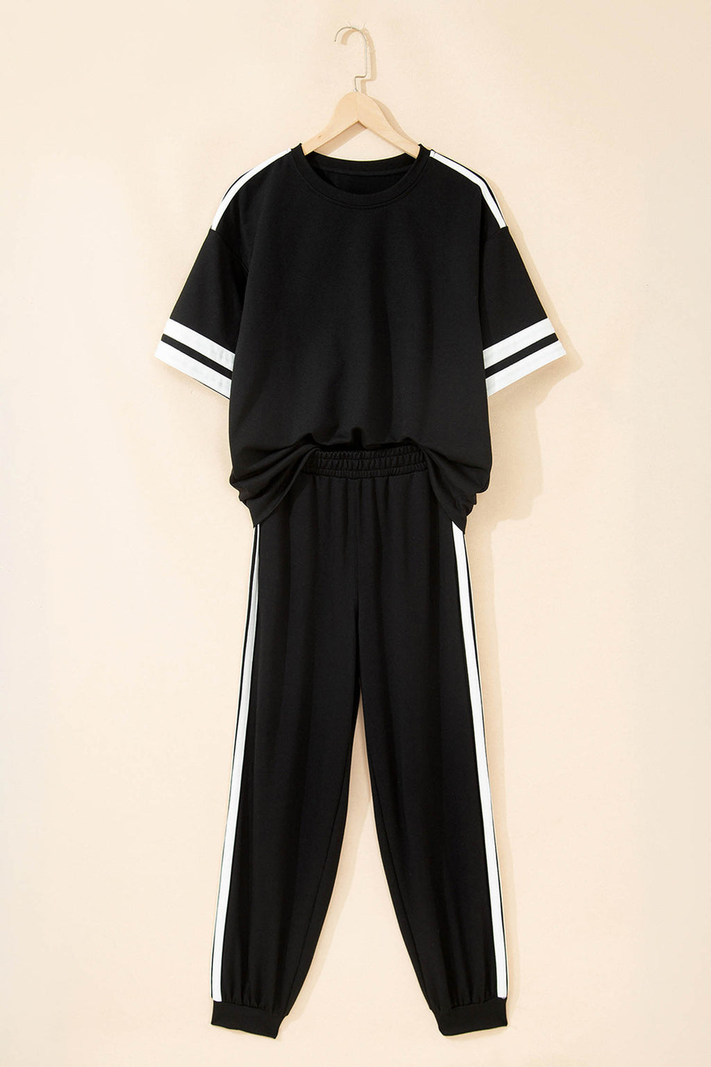 Black Varsity Striped Detail Loose Tee Jogger Pants 2pcs Outfit 🇺🇸