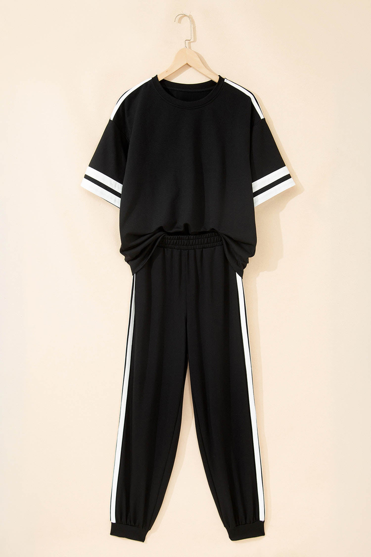 Black Varsity Striped Detail Loose Tee Jogger Pants 2pcs Outfit 🇺🇸