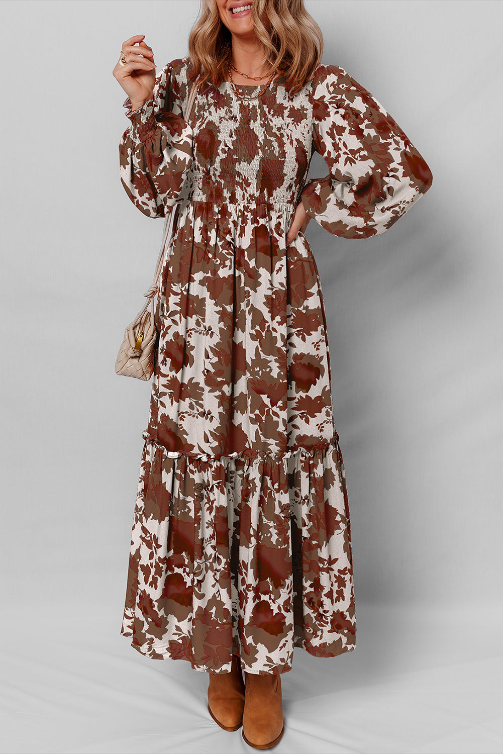 Chestnut Floral Puff Sleeve Smocked Bodice Ruffled Long Dress 🇺🇸