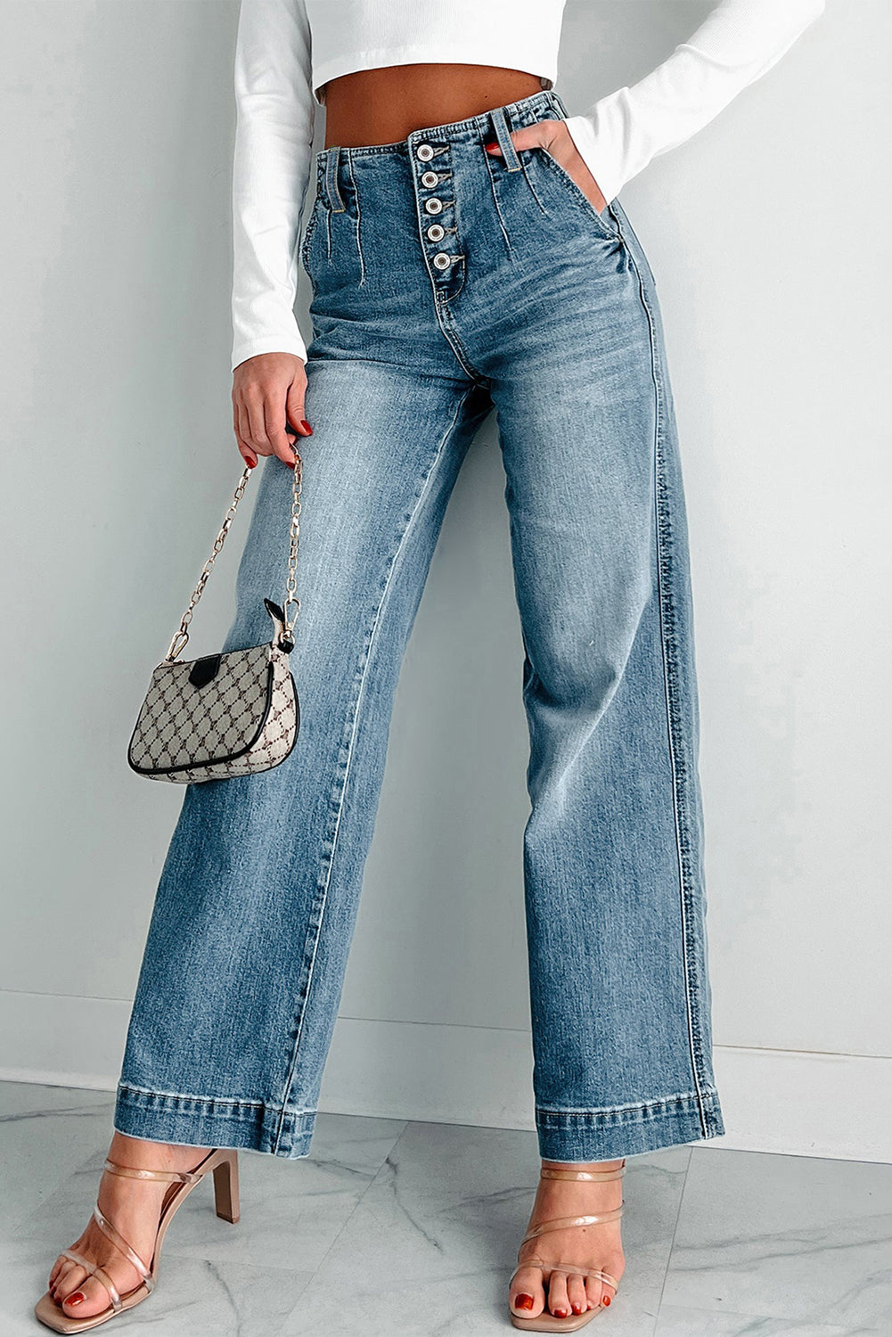 Dusk Blue Multi Buttons Medium Wash Straight Loose Leg Jeans 🇨🇳