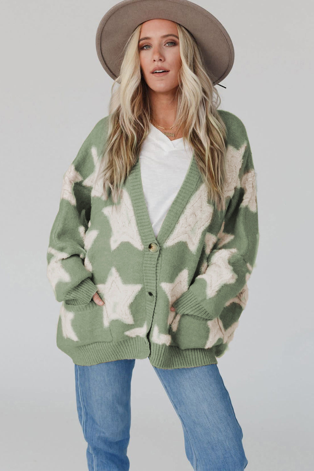 Green Sherpa Star Pattern Textured Sweater Cardigan with Pockets 🇺🇲