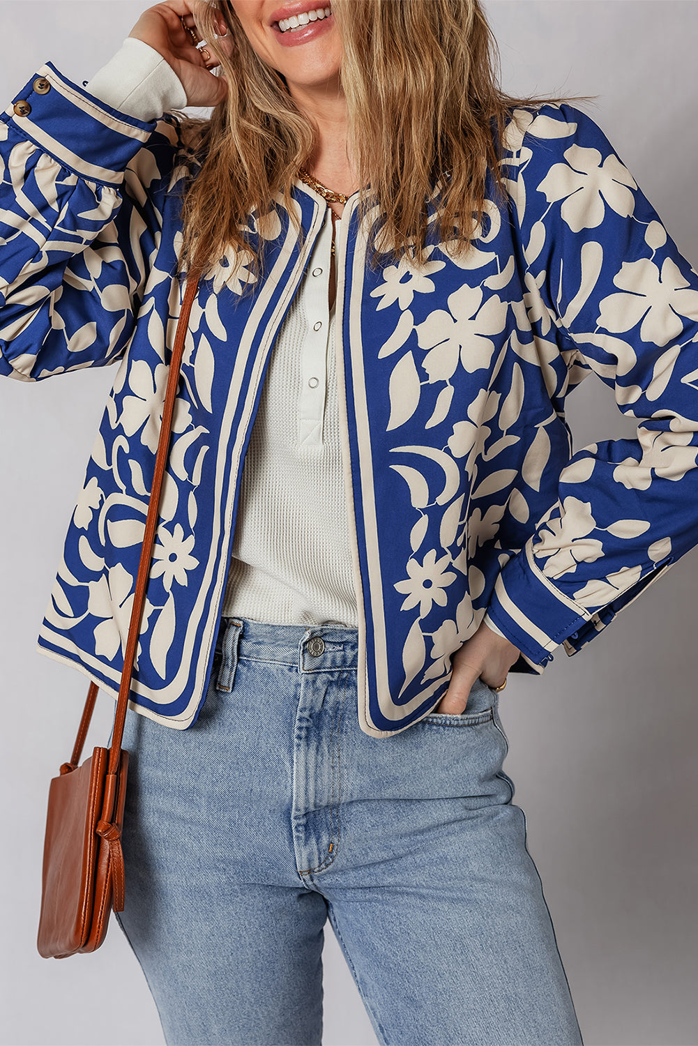 Blue Flower Print Open Front Buttoned Cuffs Elegant Jacket 🇺🇸