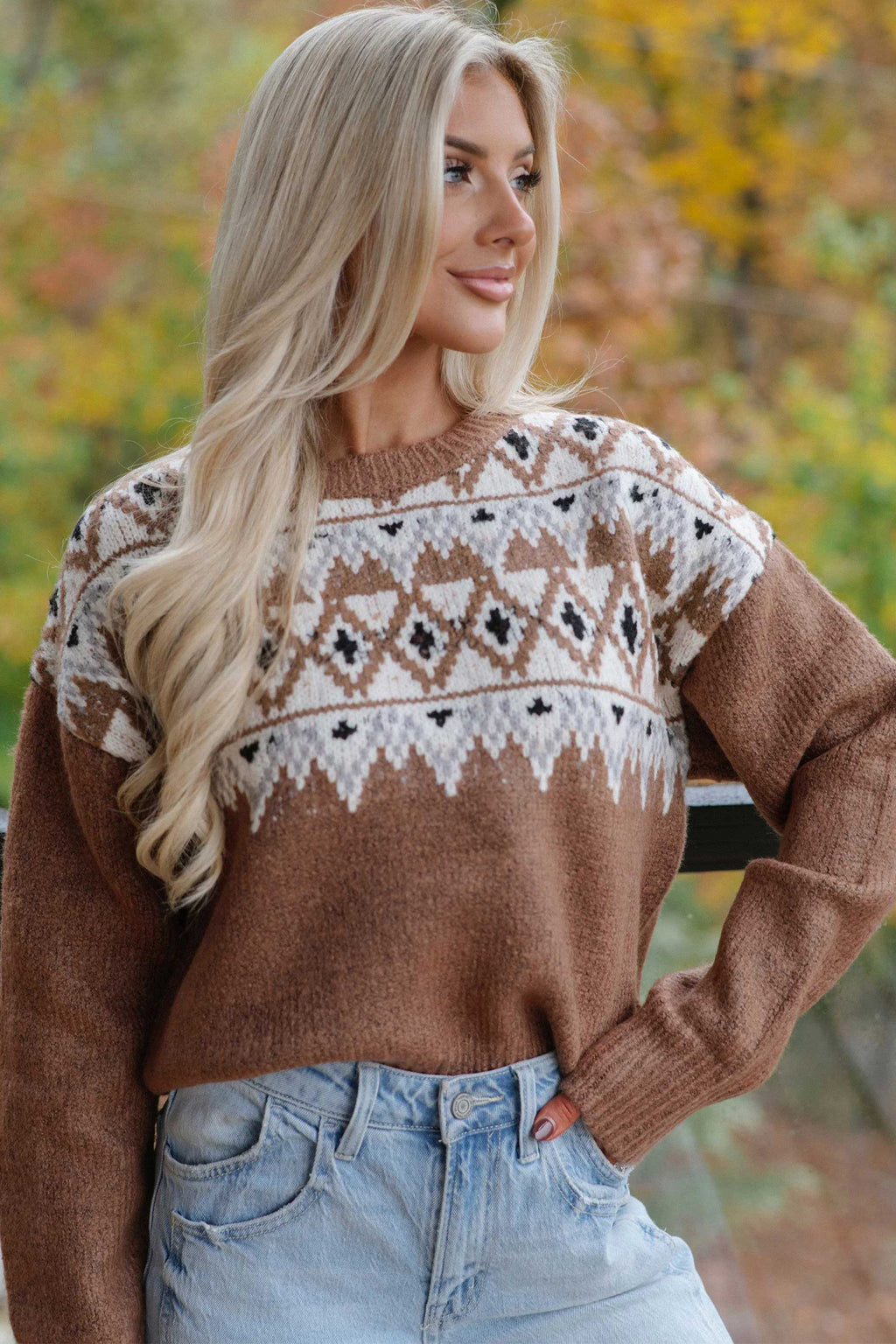 Khaki Geometric Print Drop Shoulder Casual Pullover Sweater 🇺🇸