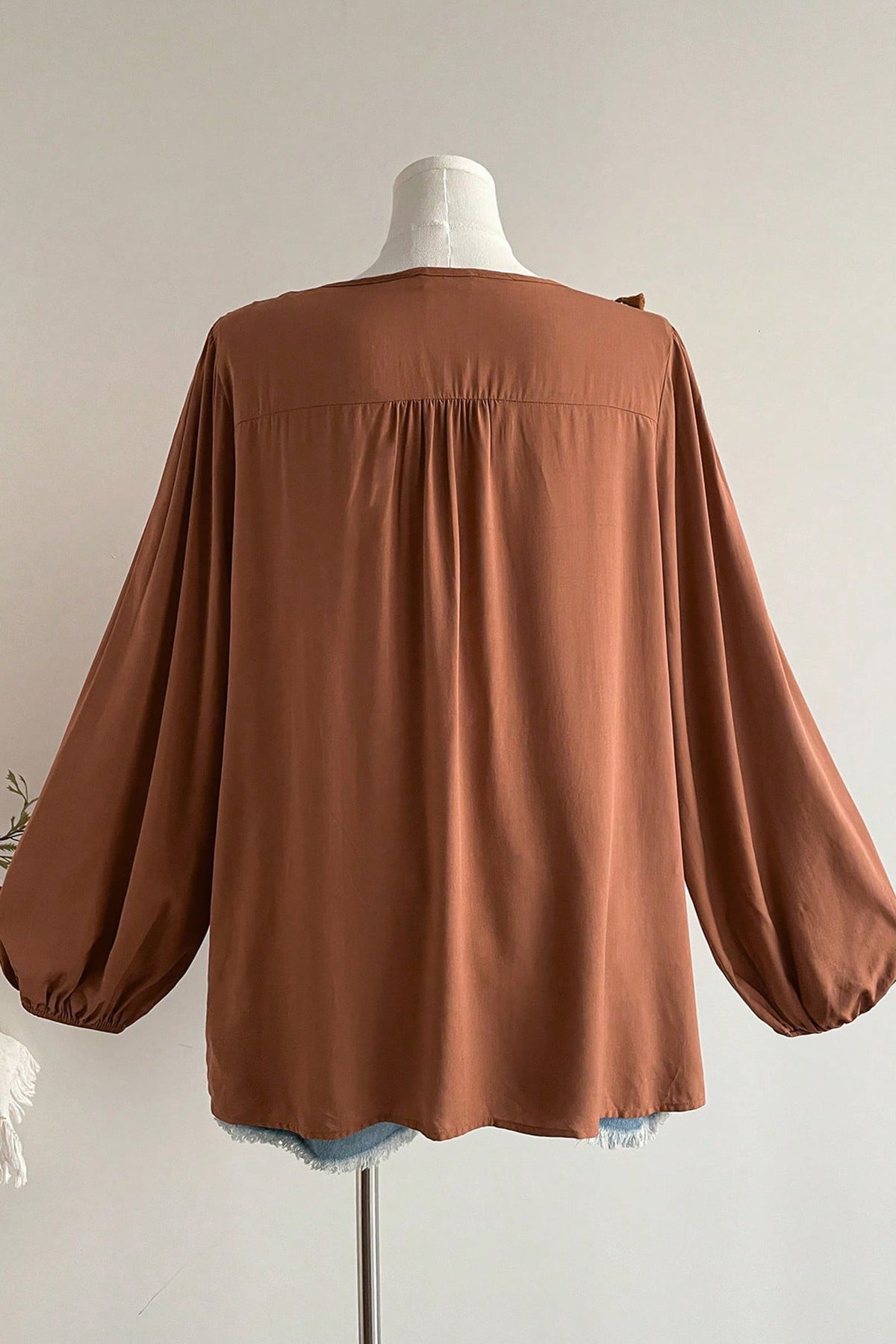 Chestnut Boho V Neck Embroidered Tassel Long Sleeve Plus Size Blouse 🇺🇸