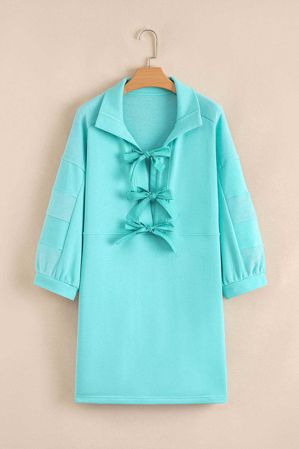 Moonlight Jade Bow Front Bracelet Sleeve Collared Side Pocket Shift Mini Dress 🇺🇸