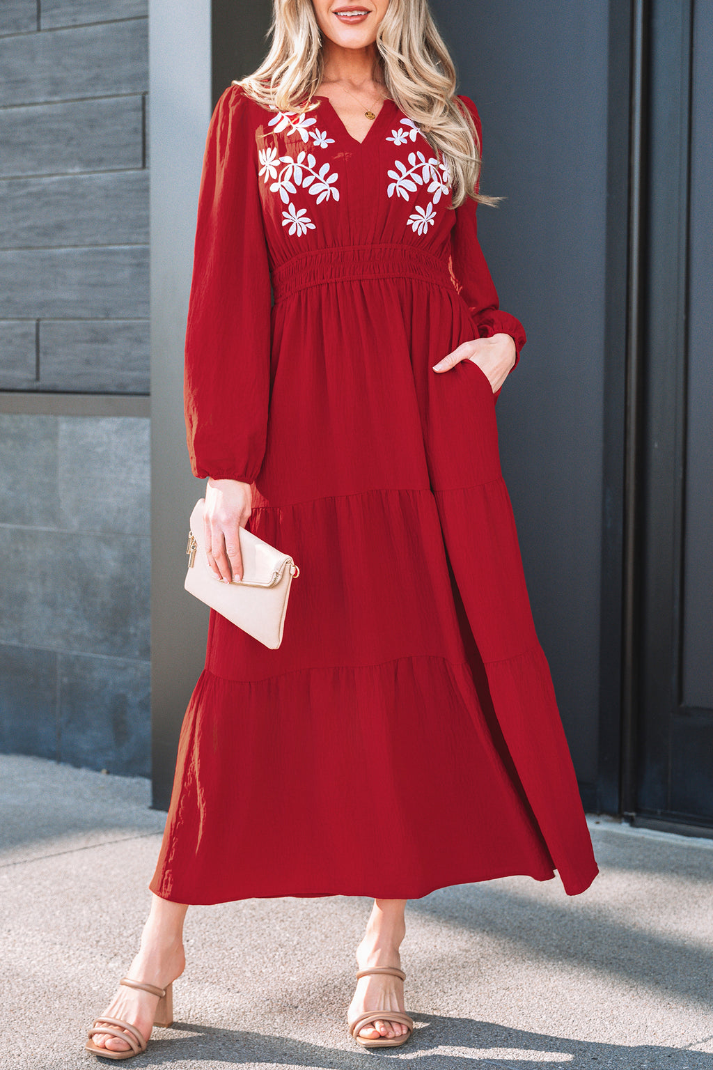 Racing Red Contrast Embroidered Detail Cinched Waist Tiered Long Sleeve Maxi Dress 🇺🇸
