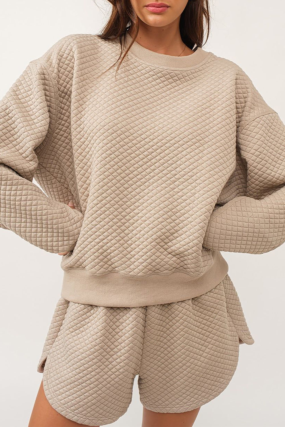 Parchment Solid Color Quilted Long Sleeve Top and Shorts Set 🇺🇸