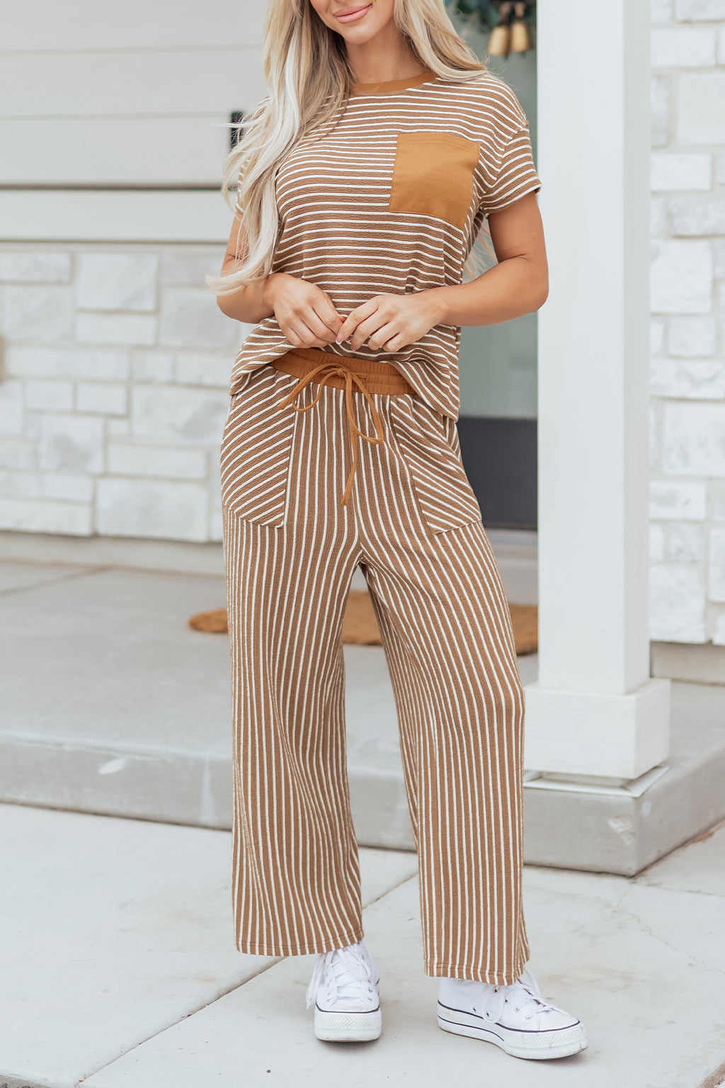 Khaki Stripe Crew Neck Tee Drawstring Waist Cropped Pants Set 🇺🇸