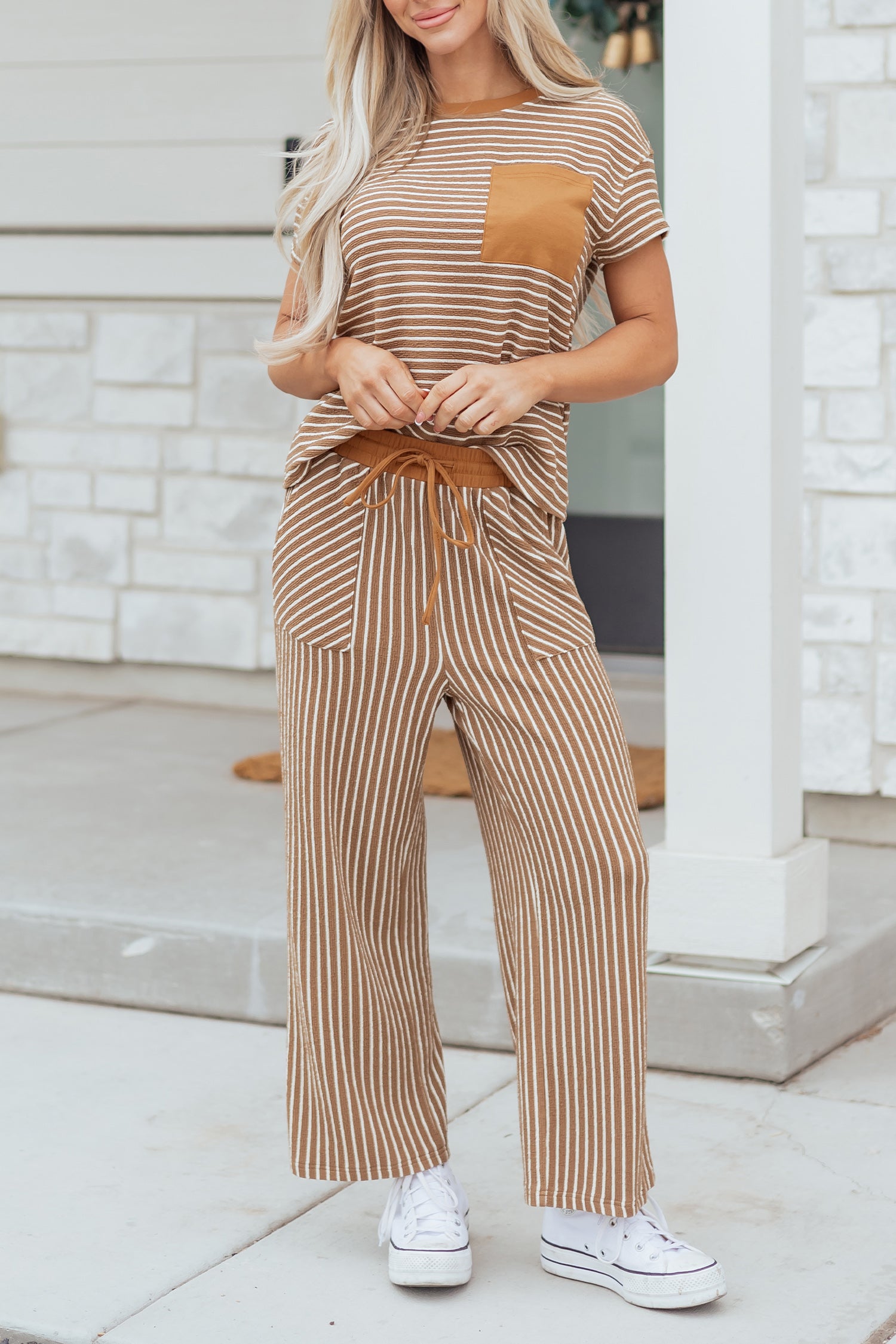 Khaki Stripe Crew Neck Tee Drawstring Waist Cropped Pants Set 🇺🇸