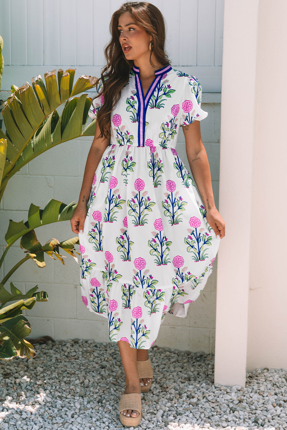 White Floral Puff Short Sleeve V Neck High Waist Maxi Dress 🇨🇳
