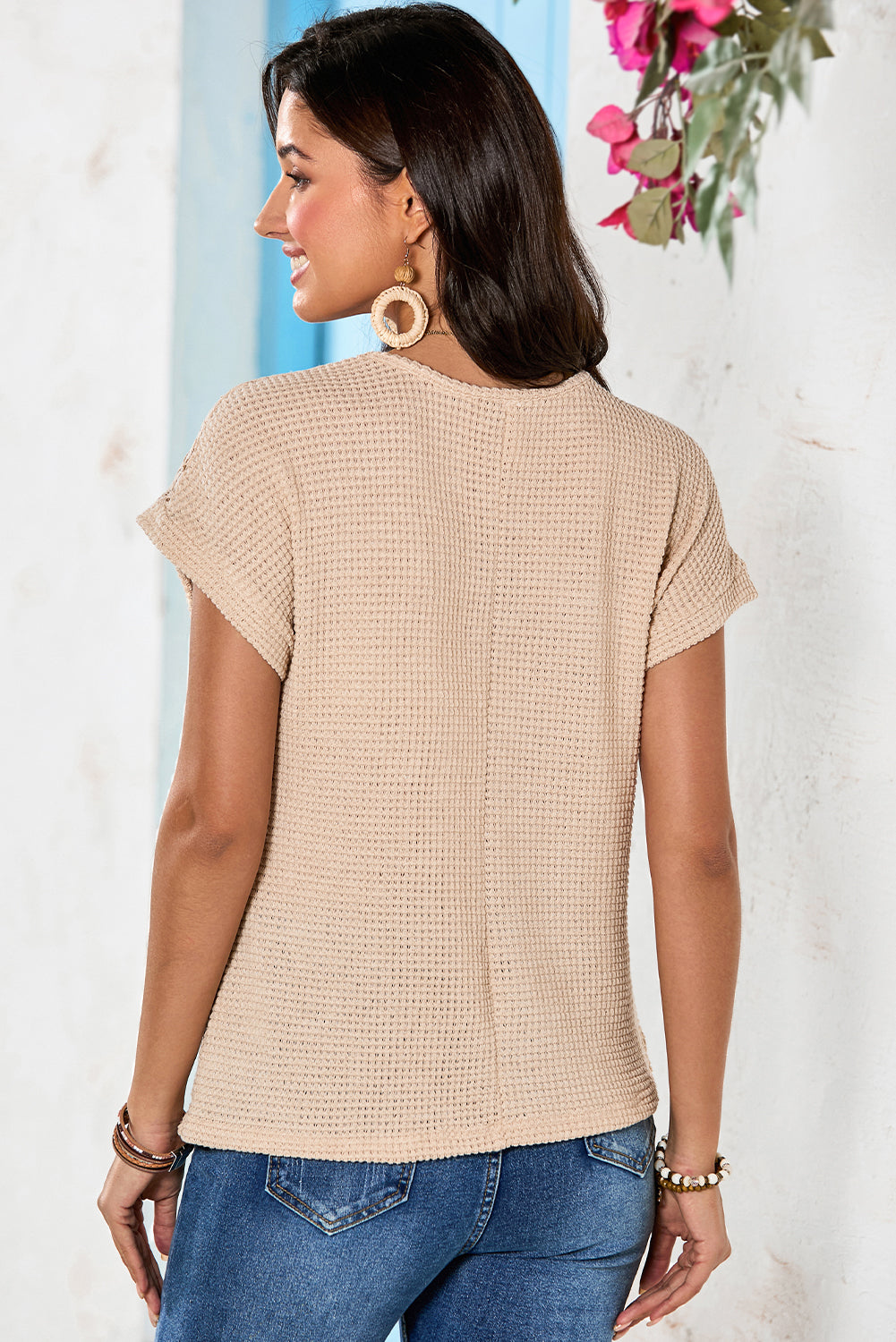Oatmeal Lace Patchwork Waffle Short Sleeve Top 🇺🇲