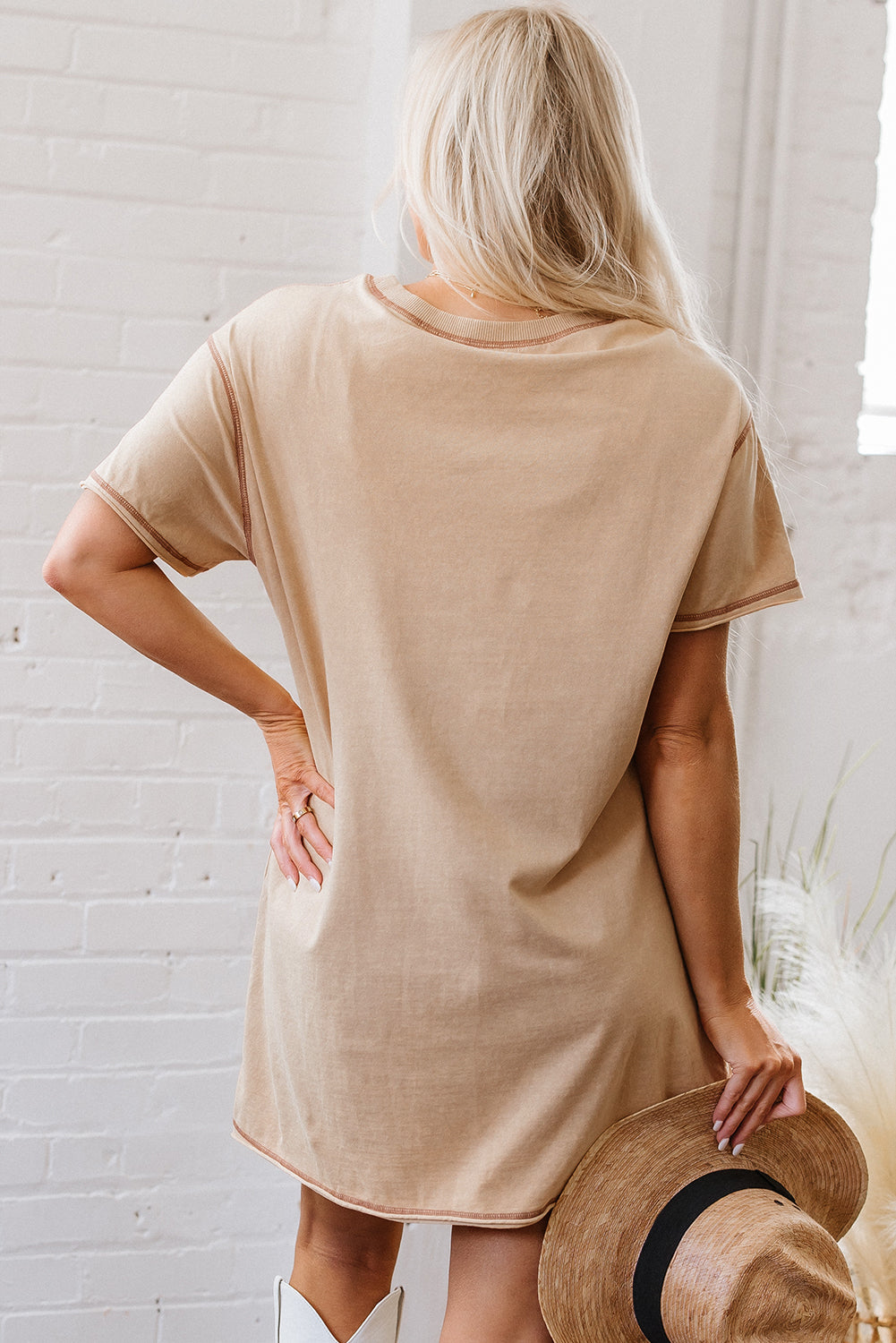 Pale Khaki Mineral Wash Stud Beaded Star Graphic Pocketed T Shirt Dress 🇨🇳