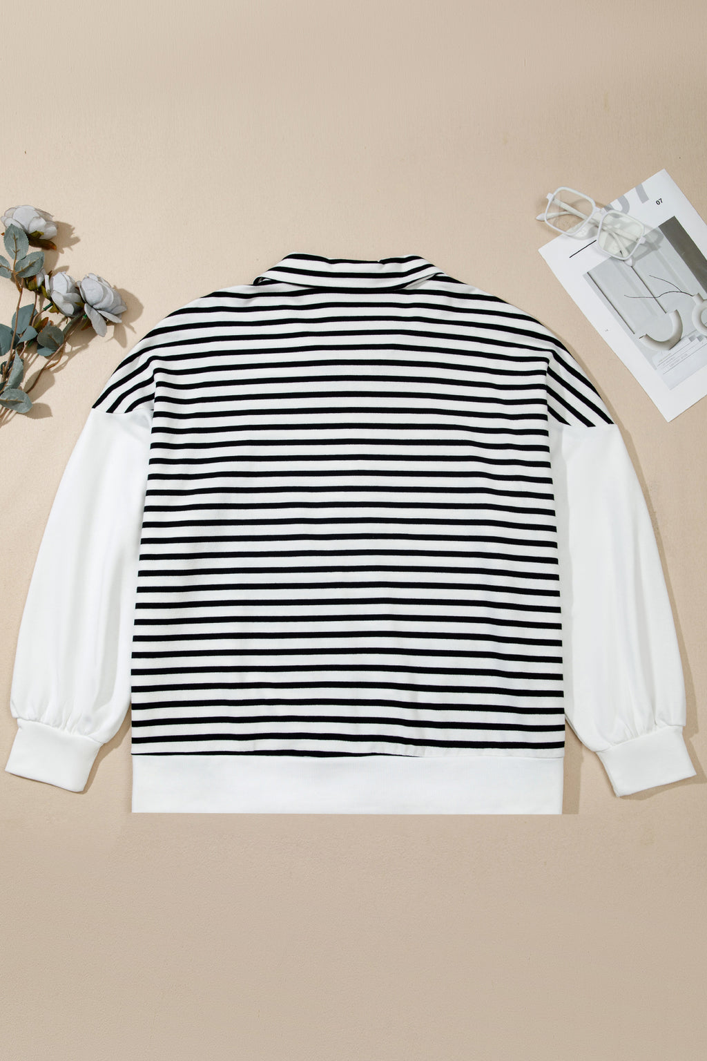 White Stripe Striped Colorblock V Neck Long Sleeve Shift Plus Size Blouse 🇺🇸