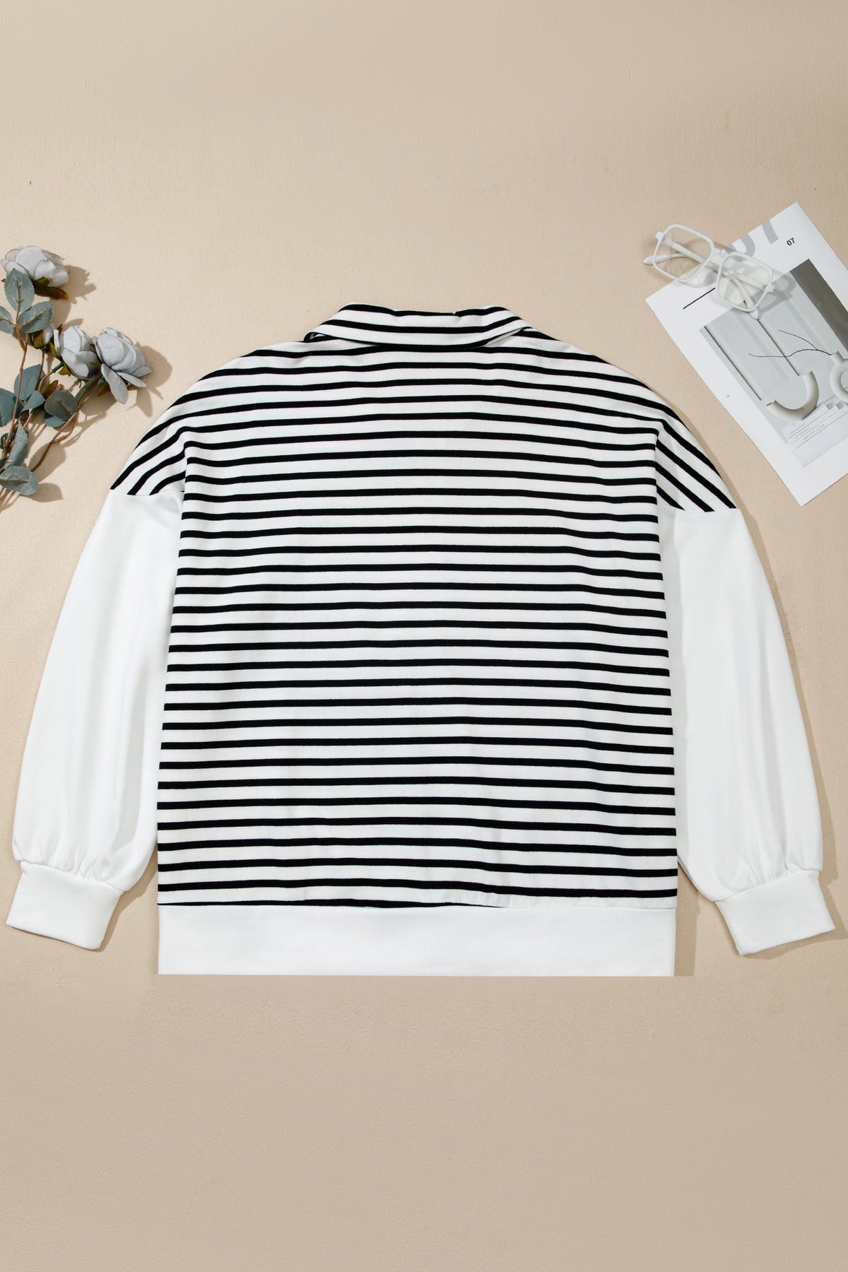 White Stripe Striped Colorblock V Neck Long Sleeve Shift Plus Size Blouse 🇺🇸