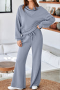 Dusk Blue Solid Color Cowl Neck Drawstring Pullover Wide Leg Athleisure Pants Set 🇺🇸
