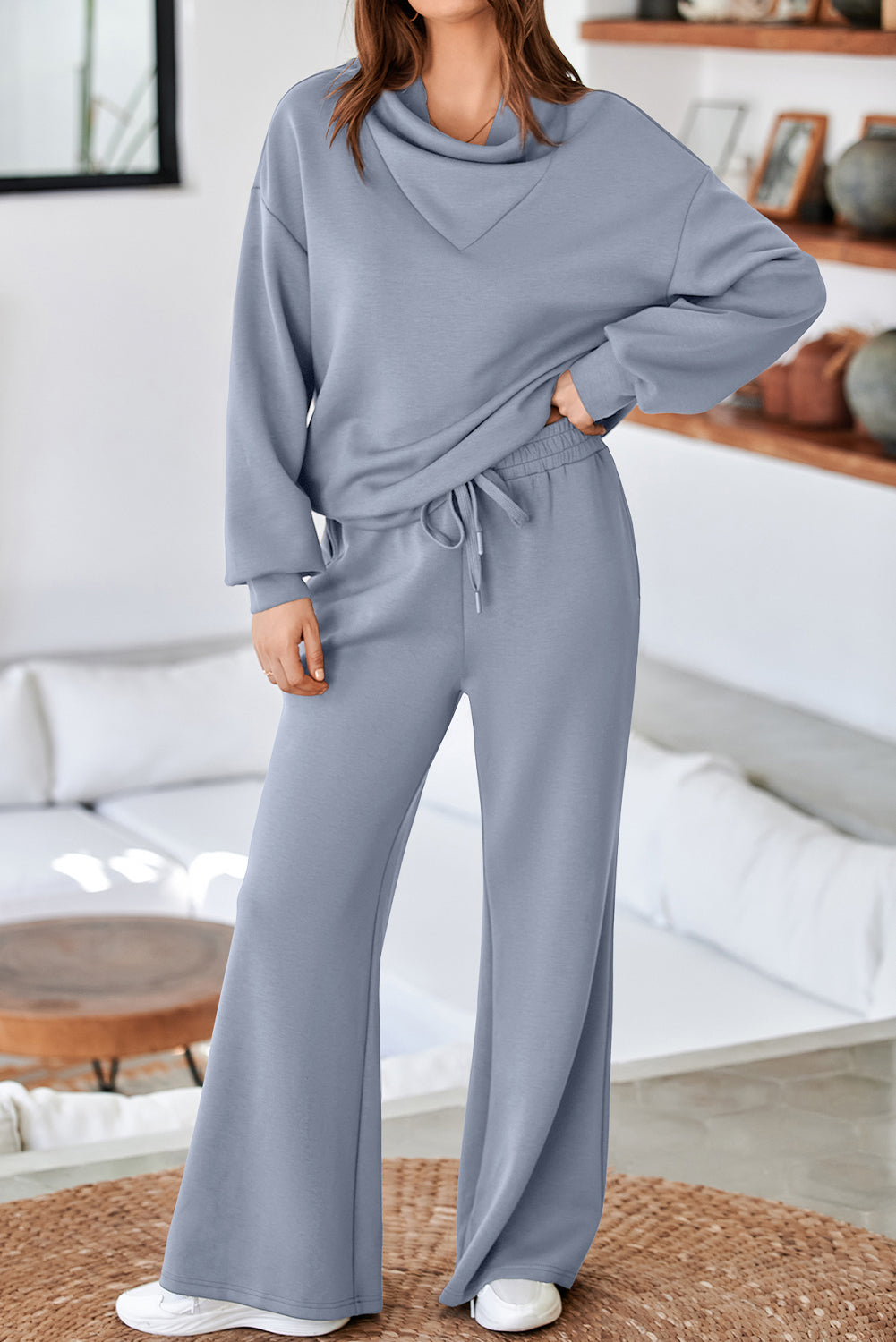 Dusk Blue Solid Color Cowl Neck Drawstring Pullover Wide Leg Athleisure Pants Set 🇺🇸