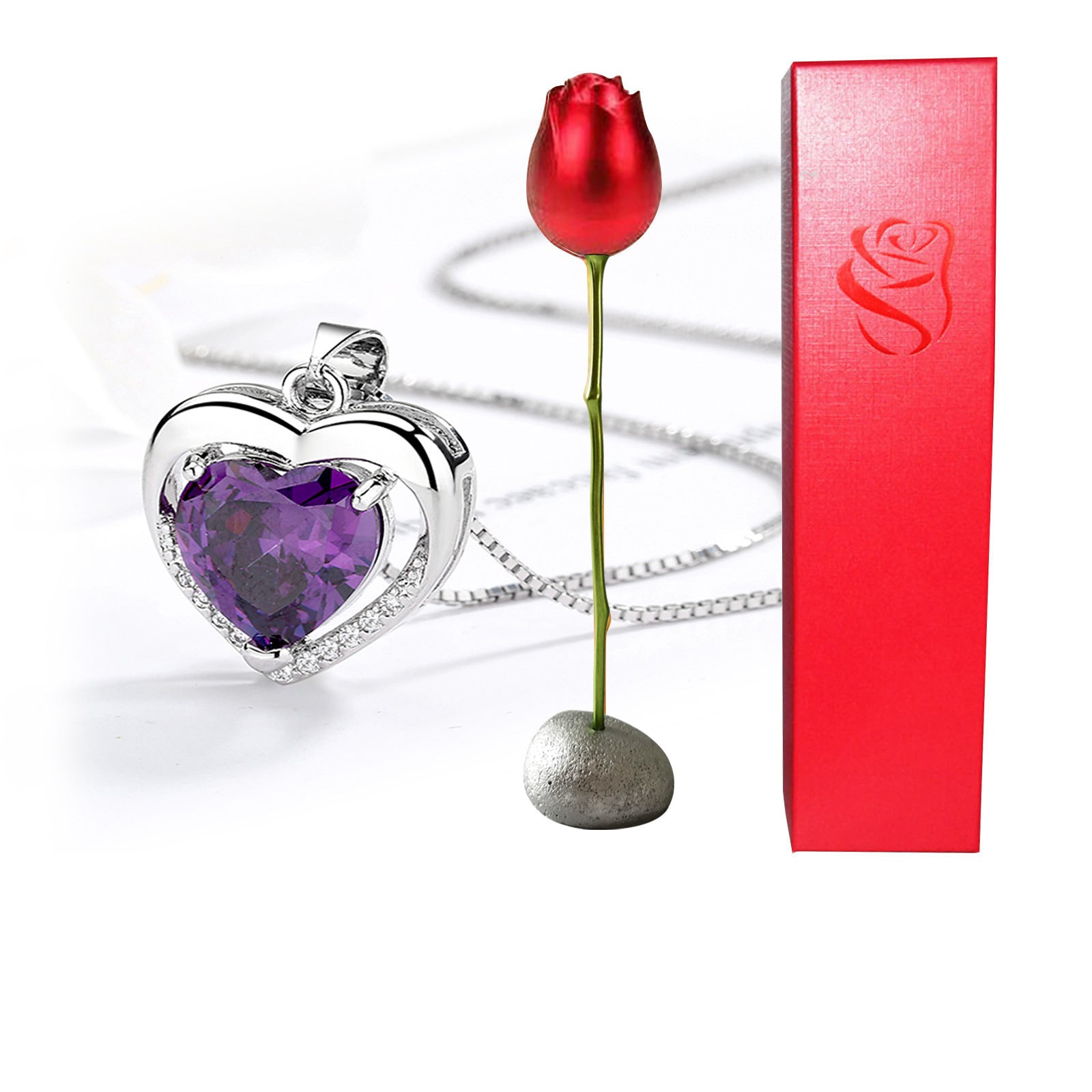 Heart Shaped Blue Purple Crystal Diamond Pendant Rose Head Necklace 🇨🇳