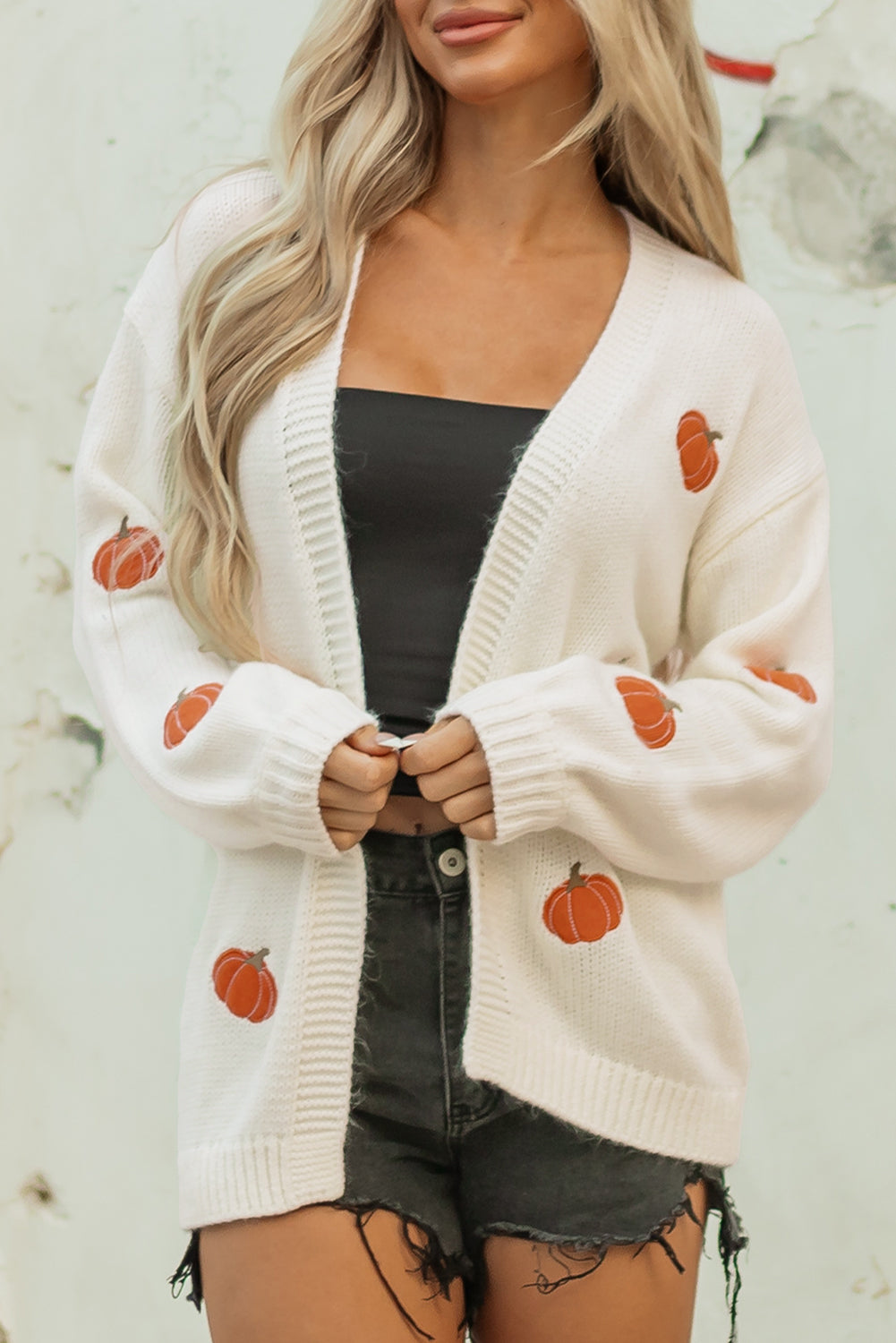 White Pumpkin Print Open Front Drop Shoulder Midi Cardigan 🇺🇸